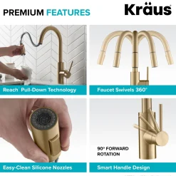 KRAUS Oletto Single Handle Pull Down Kitchen Faucet in Brushed Brass