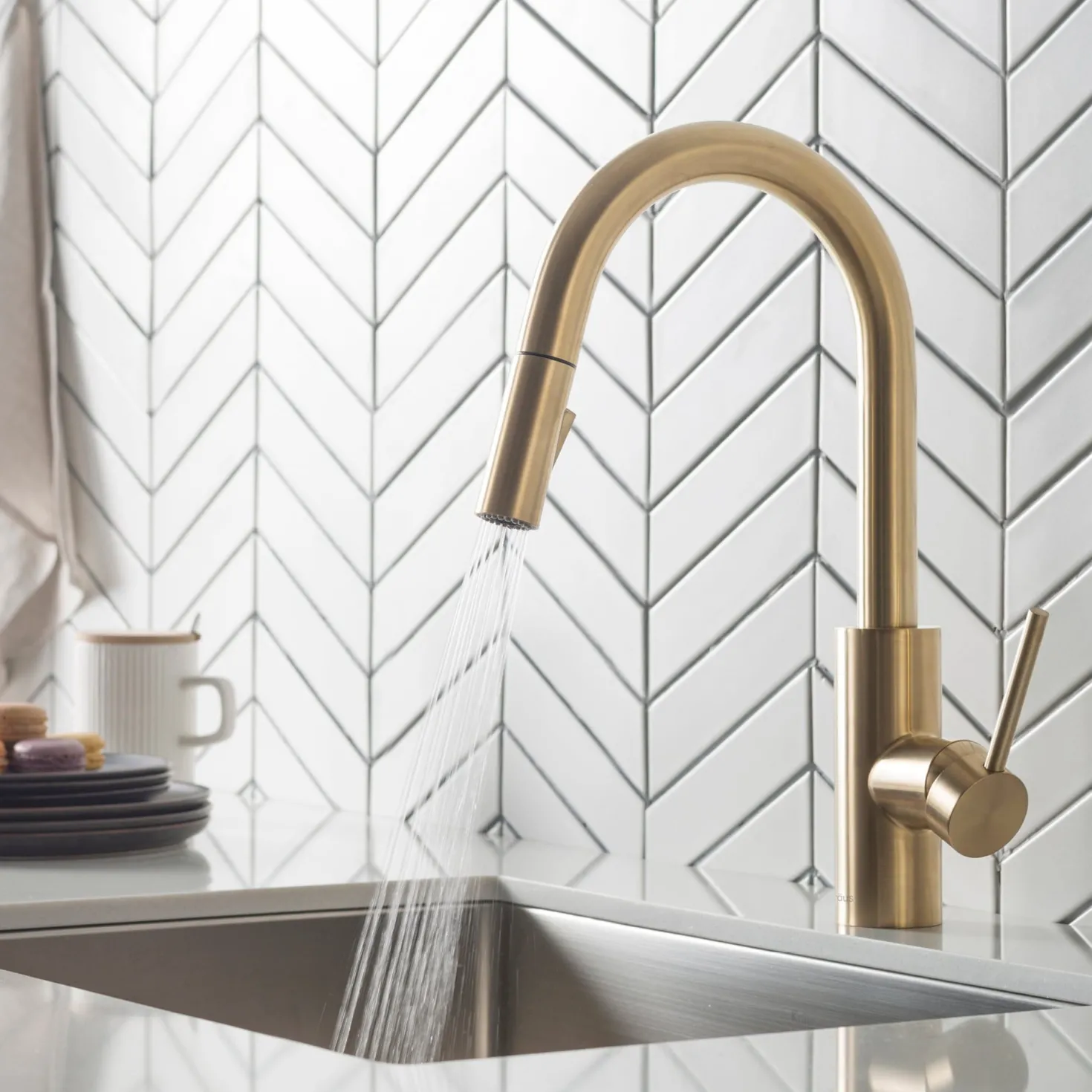 KRAUS Oletto Single Handle Pull Down Kitchen Faucet in Brushed Brass