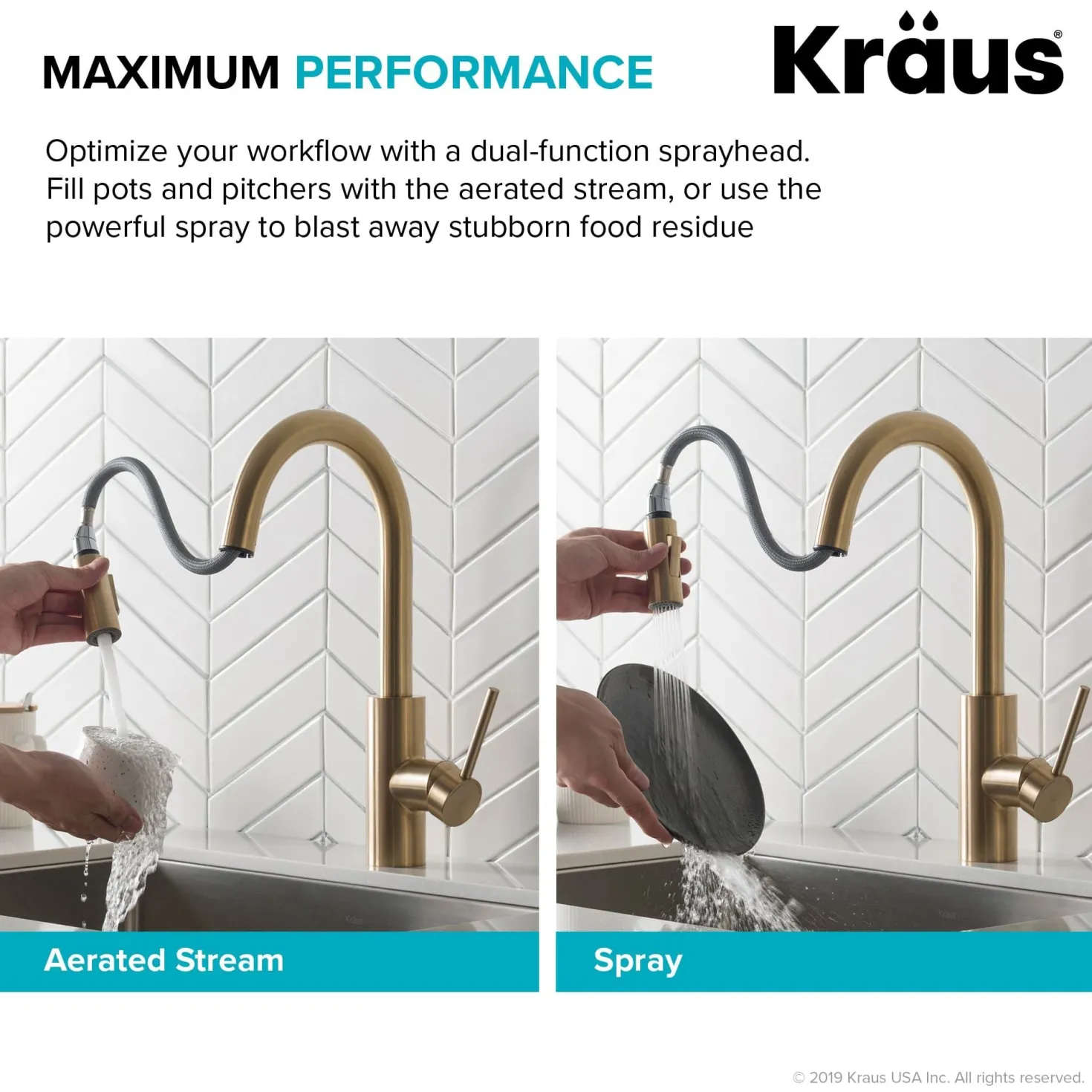 KRAUS Oletto Single Handle Pull Down Kitchen Faucet in Brushed Brass