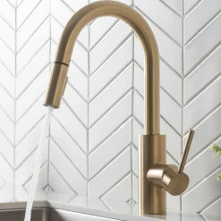 KRAUS Oletto Single Handle Pull Down Kitchen Faucet in Brushed Brass