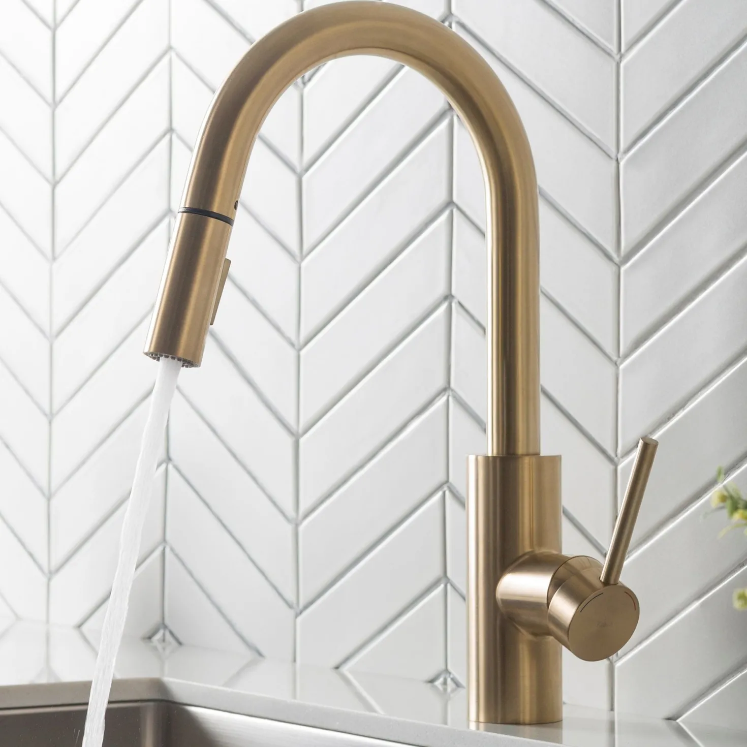 KRAUS Oletto Single Handle Pull Down Kitchen Faucet in Brushed Brass