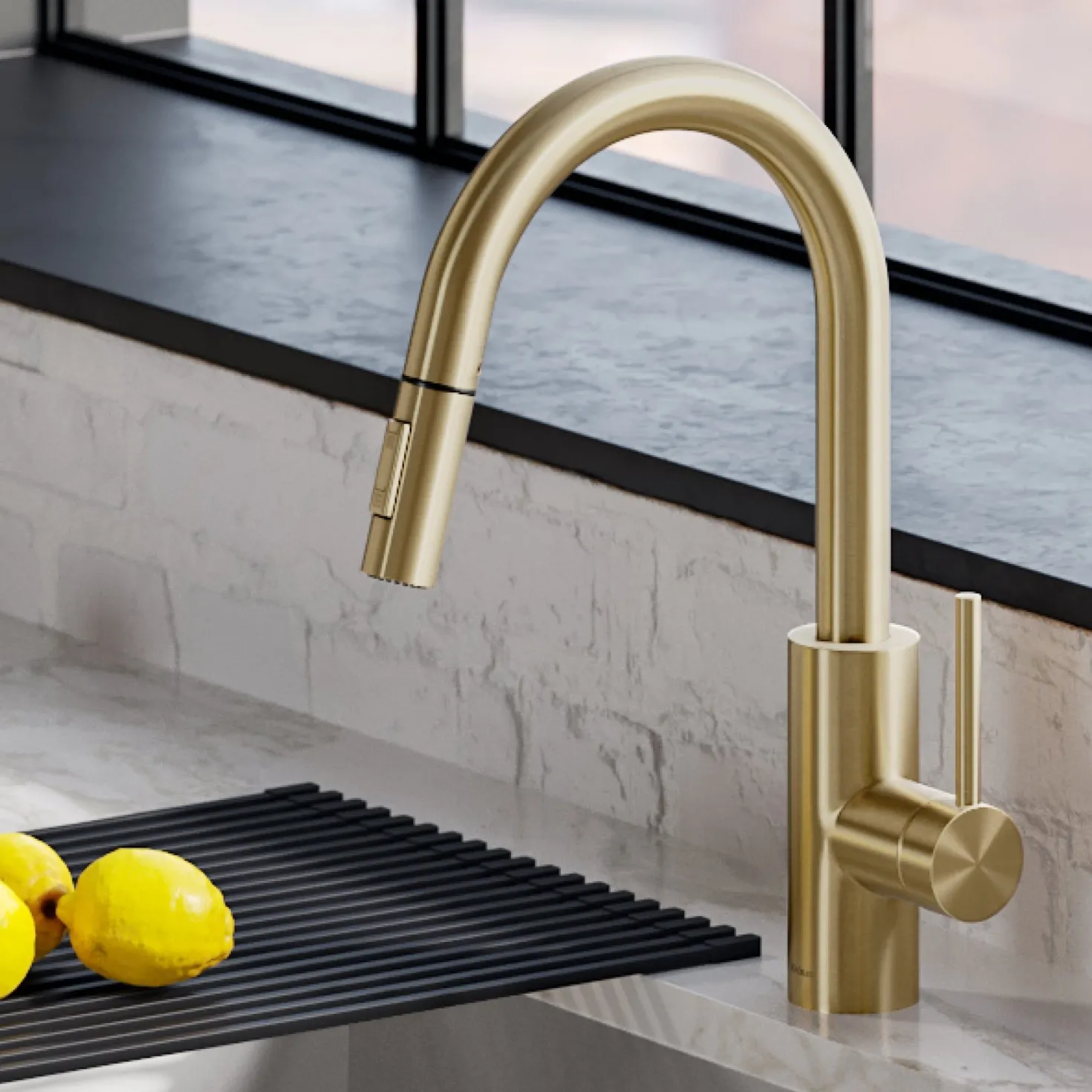 KRAUS Oletto Single Handle Pull Down Kitchen Faucet in Brushed Brass