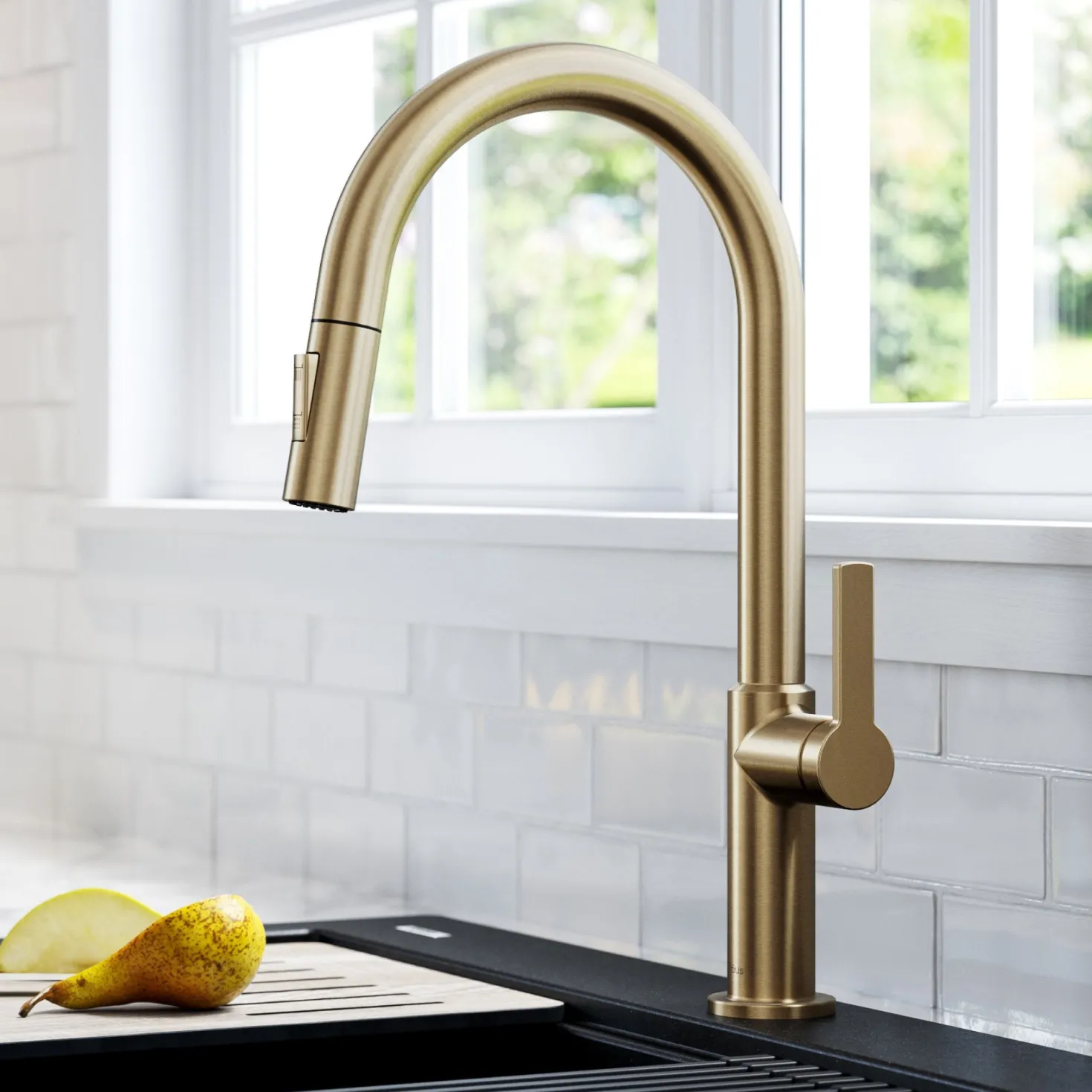 KRAUS Oletto Single Handle Pull-Down Kitchen Faucet in Spot Free Antique Champagne Bronze