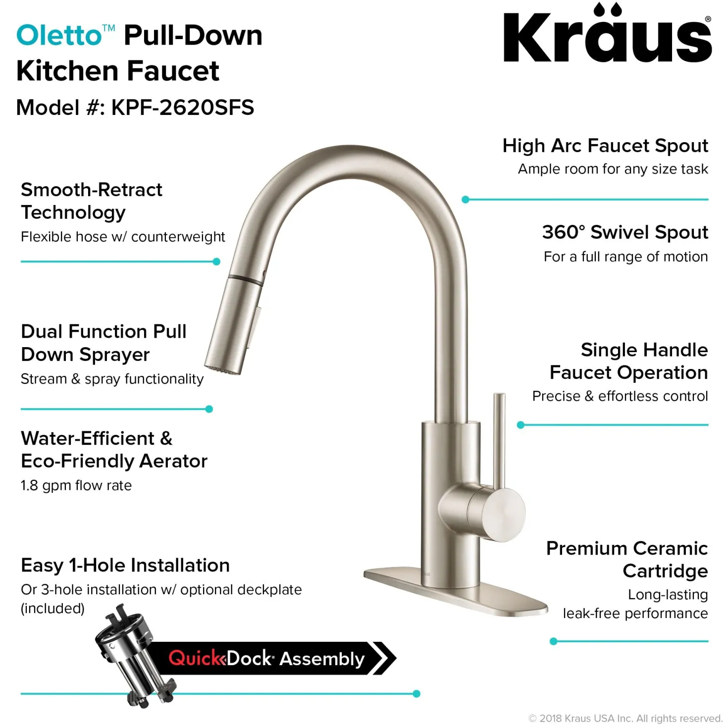 KRAUS Oletto Single Lever Pull Down Kitchen Faucet in Spot Free all-Brite Stainless Steel