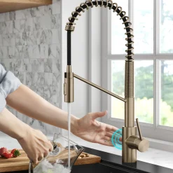 KRAUS Oletto Touchless Pull-Down Single Handle Faucet in Spot Free Antique Champagne Bronze