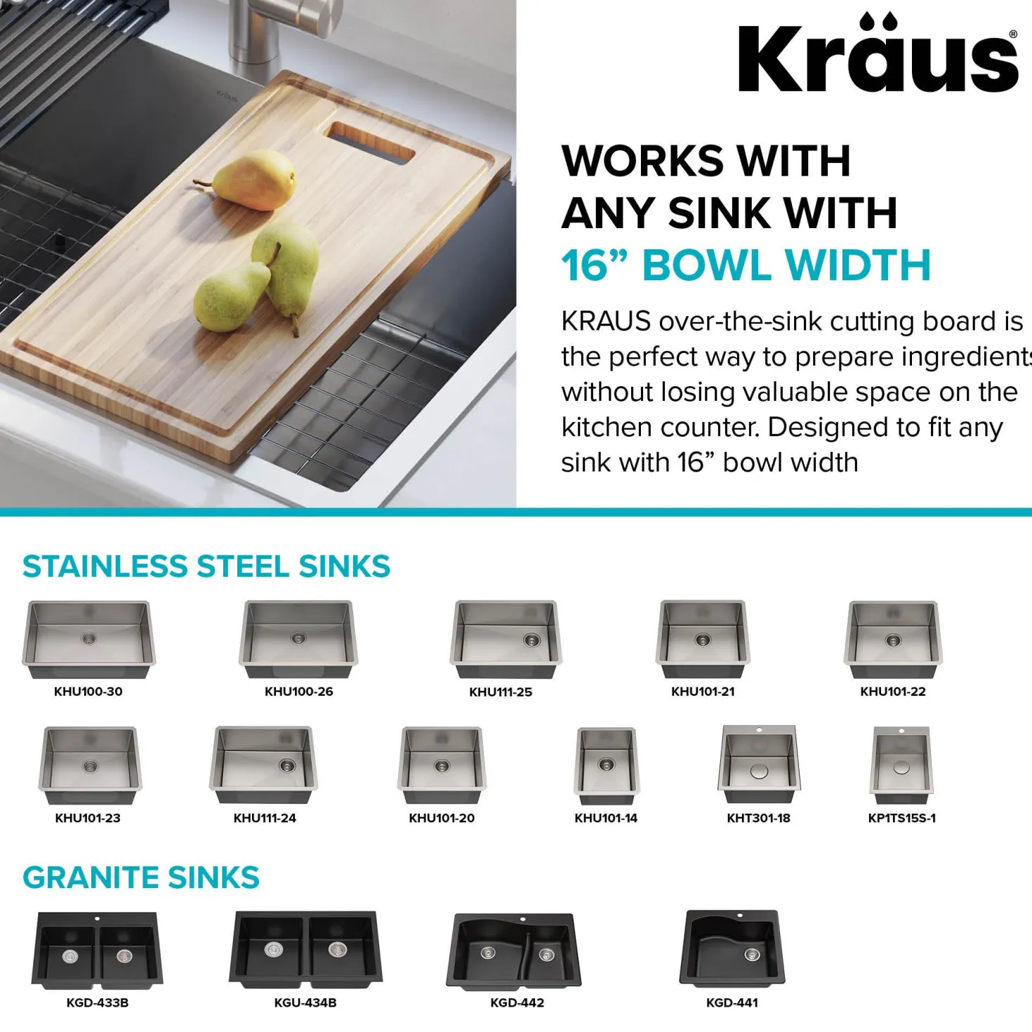 KRAUS Organic Solid Bamboo Cutting Board for Kitchen Sink, 17.5" x 12"