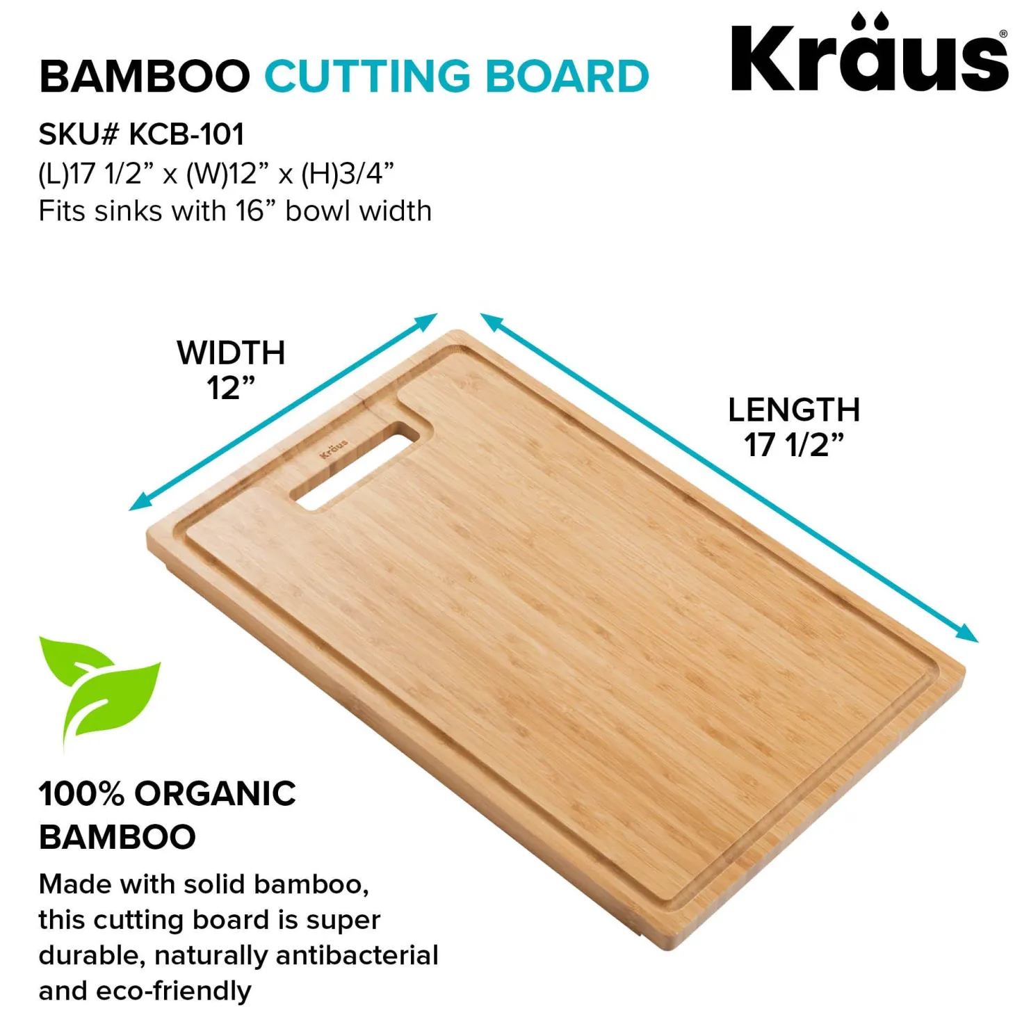 KRAUS Organic Solid Bamboo Cutting Board for Kitchen Sink, 17.5" x 12"