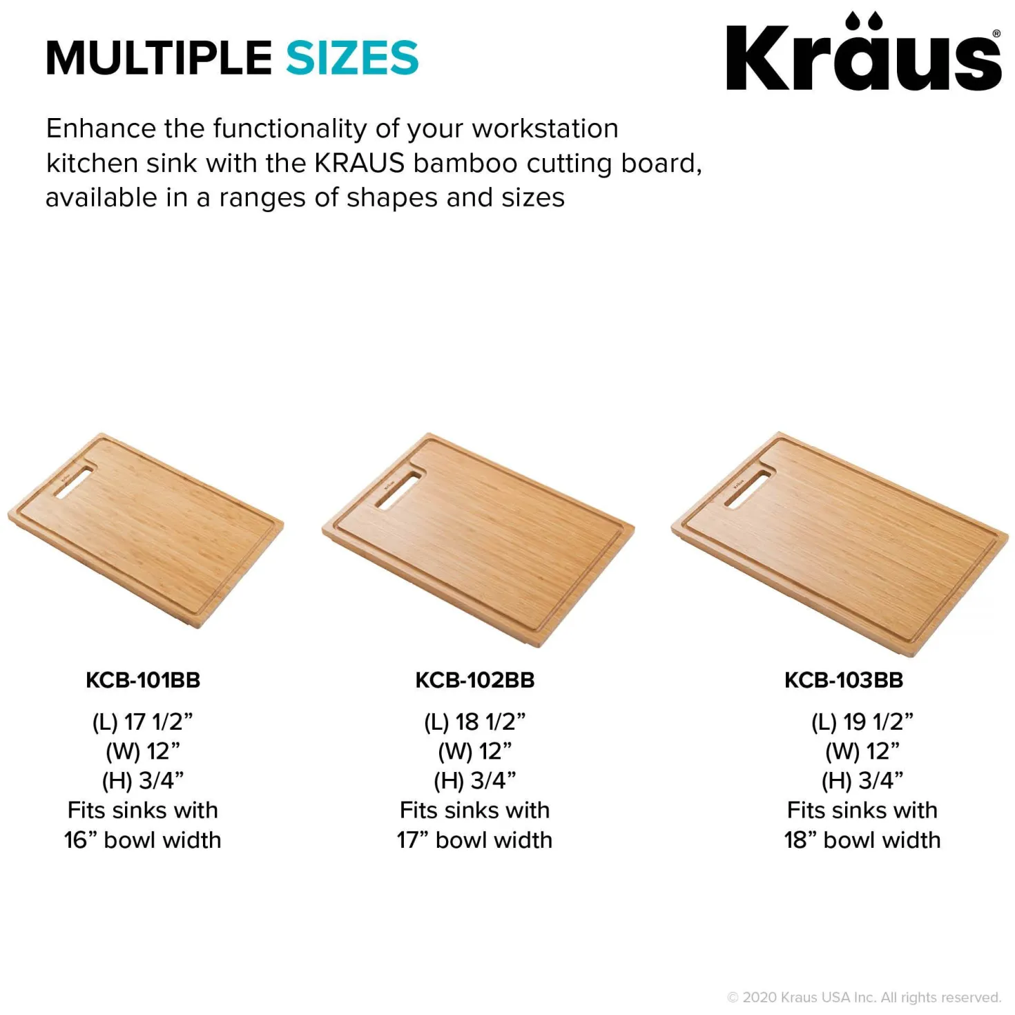 KRAUS Organic Solid Bamboo Cutting Board for Kitchen Sink, 17.5" x 12"