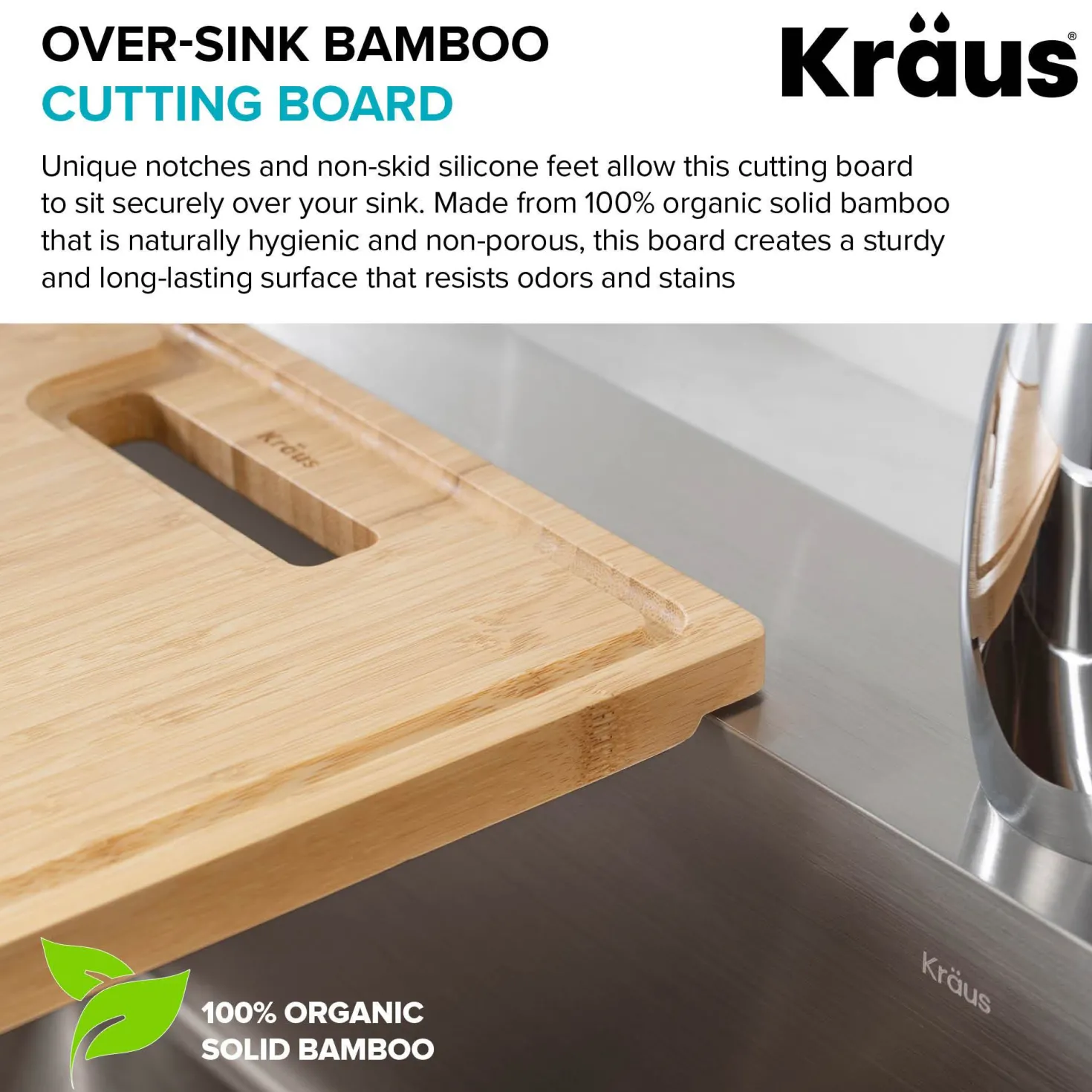 KRAUS Organic Solid Bamboo Cutting Board for Kitchen Sink, 17.5" x 12"
