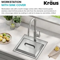 KRAUS 15" × 15" Outdoor T-316 Marine Grade Workstation Sink with Marine-Grade Lid | KCA-1800