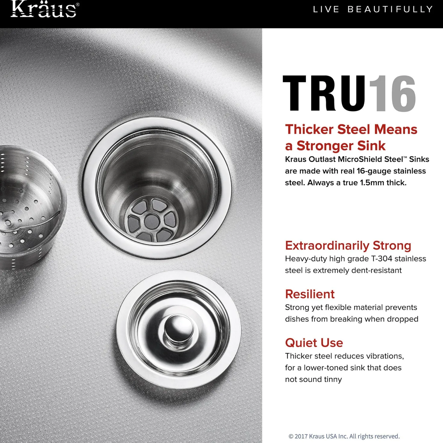 KRAUS Outlast MicroShield 16 Gauge Stainless Steel Undermount Kitchen Sink