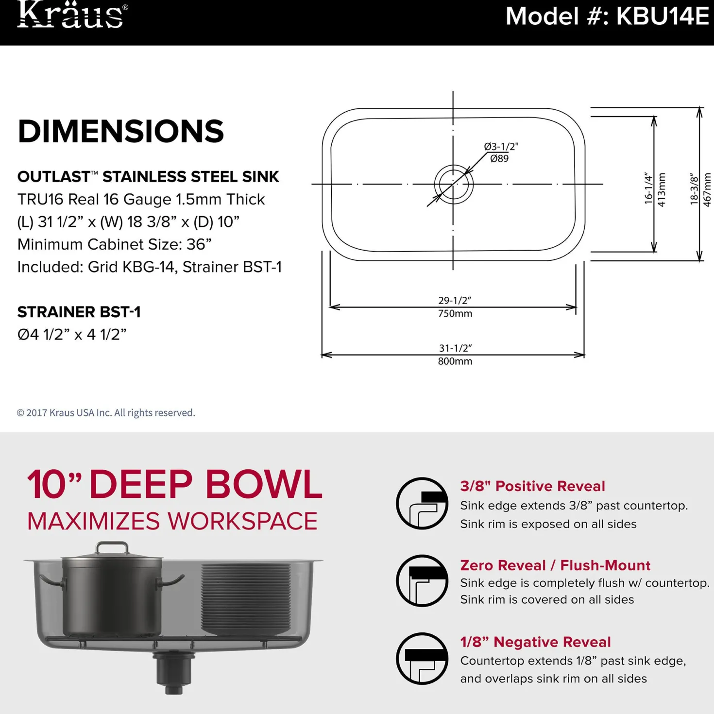KRAUS Outlast MicroShield 16 Gauge Stainless Steel Undermount Kitchen Sink