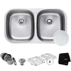 KRAUS Outlast MicroShield Scratch-Resist Stainless Steel Undermount 50/50 Double Bowl Sink, 32" 16 Gauge, Premier Series