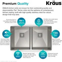 KRAUS Pax Zero-Radius 31.5" Handmade Undermount 50/50 Double Bowl 16 Gauge Stainless Steel Kitchen Sink with NoiseDefend Soundproofing