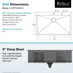 KRAUS Pax Zero-Radius 33" Handmade Topmount Single Bowl 16 Gauge Stainless Steel Drop-In Kitchen Sink with 2 Pre-Drilled Holes