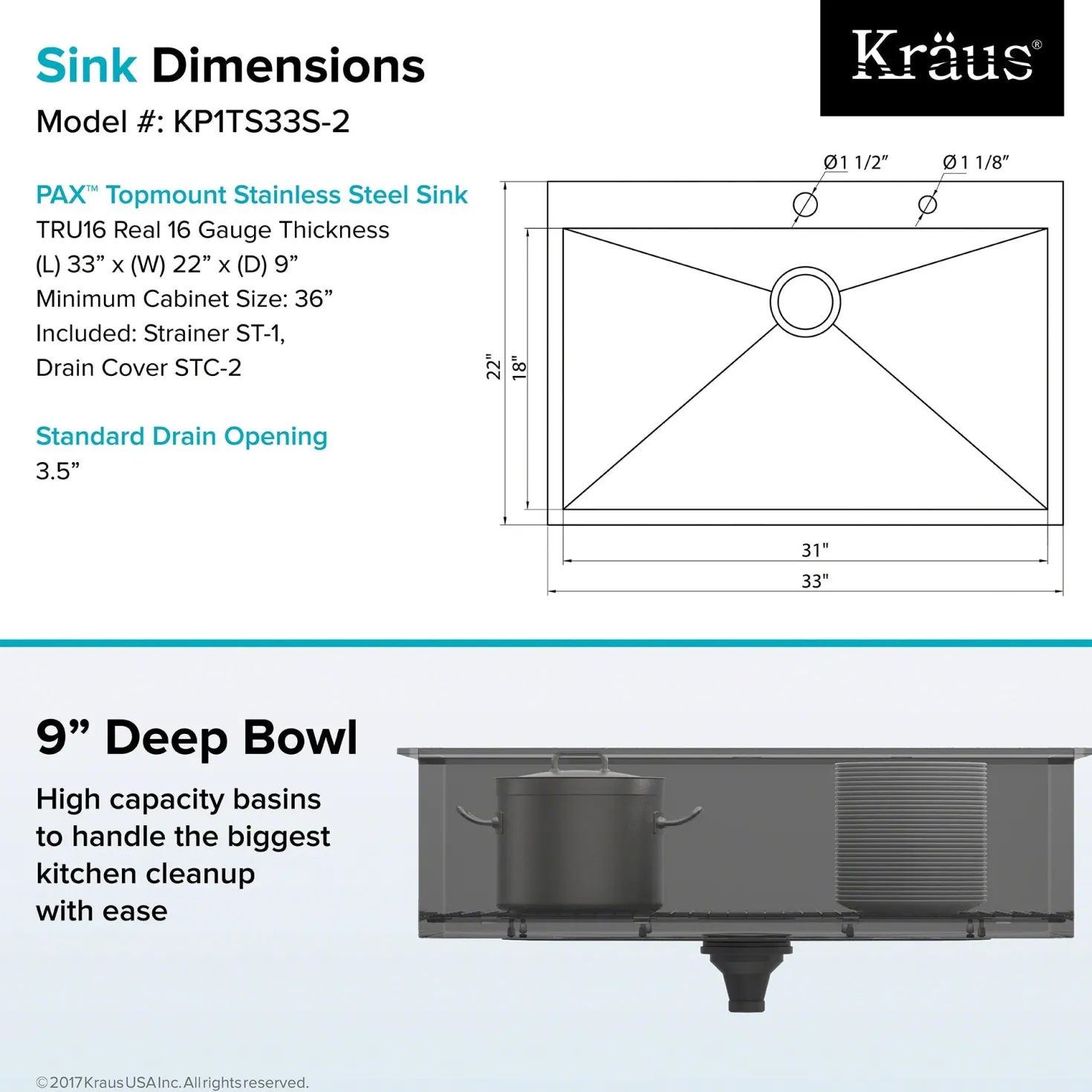 KRAUS Pax Zero-Radius 33" Handmade Topmount Single Bowl 16 Gauge Stainless Steel Drop-In Kitchen Sink with 2 Pre-Drilled Holes