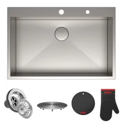 KRAUS Pax Zero-Radius 33" Handmade Topmount Single Bowl 16 Gauge Stainless Steel Drop-In Kitchen Sink with 2 Pre-Drilled Holes