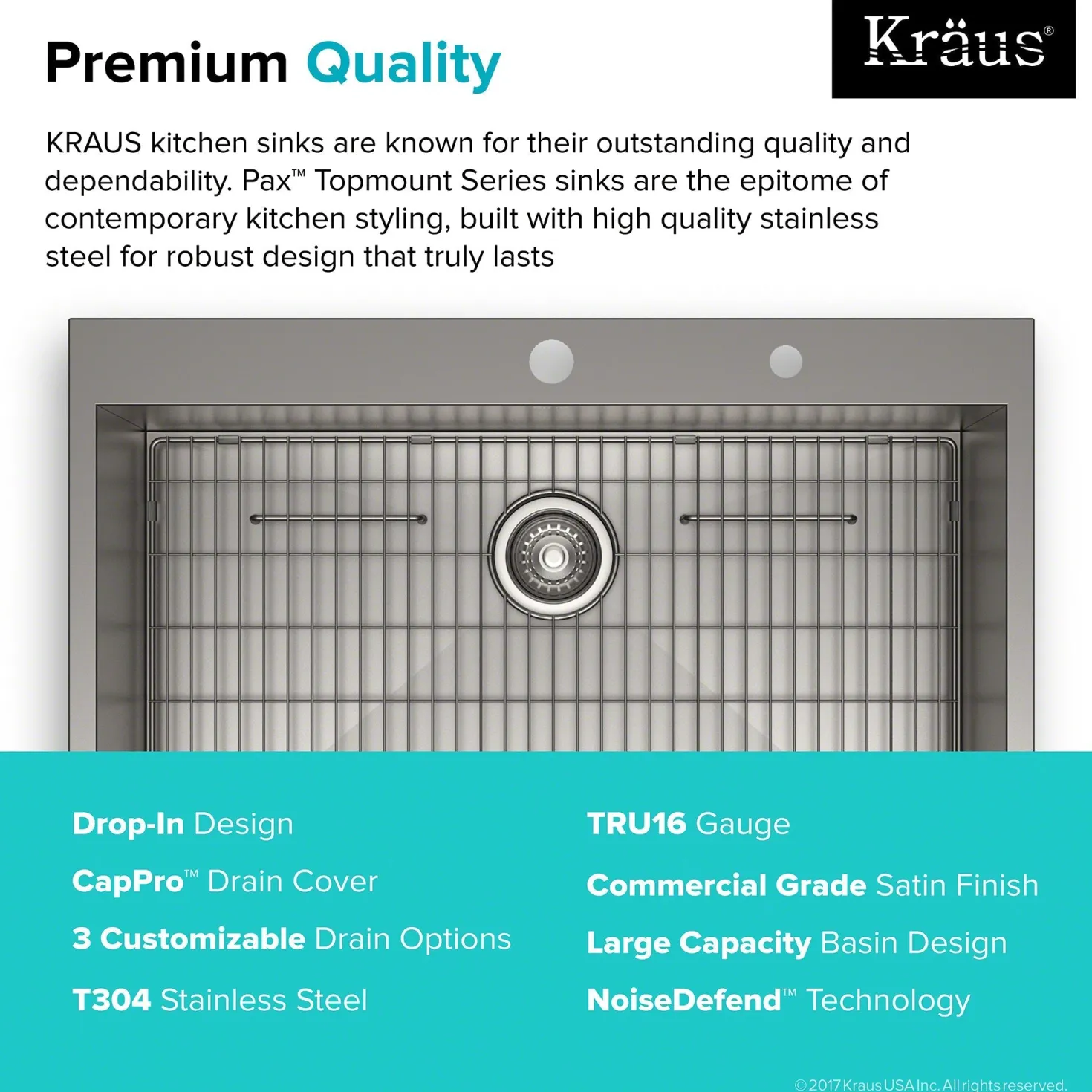 KRAUS Pax Zero-Radius 33" Handmade Topmount Single Bowl 16 Gauge Stainless Steel Drop-In Kitchen Sink with 2 Pre-Drilled Holes