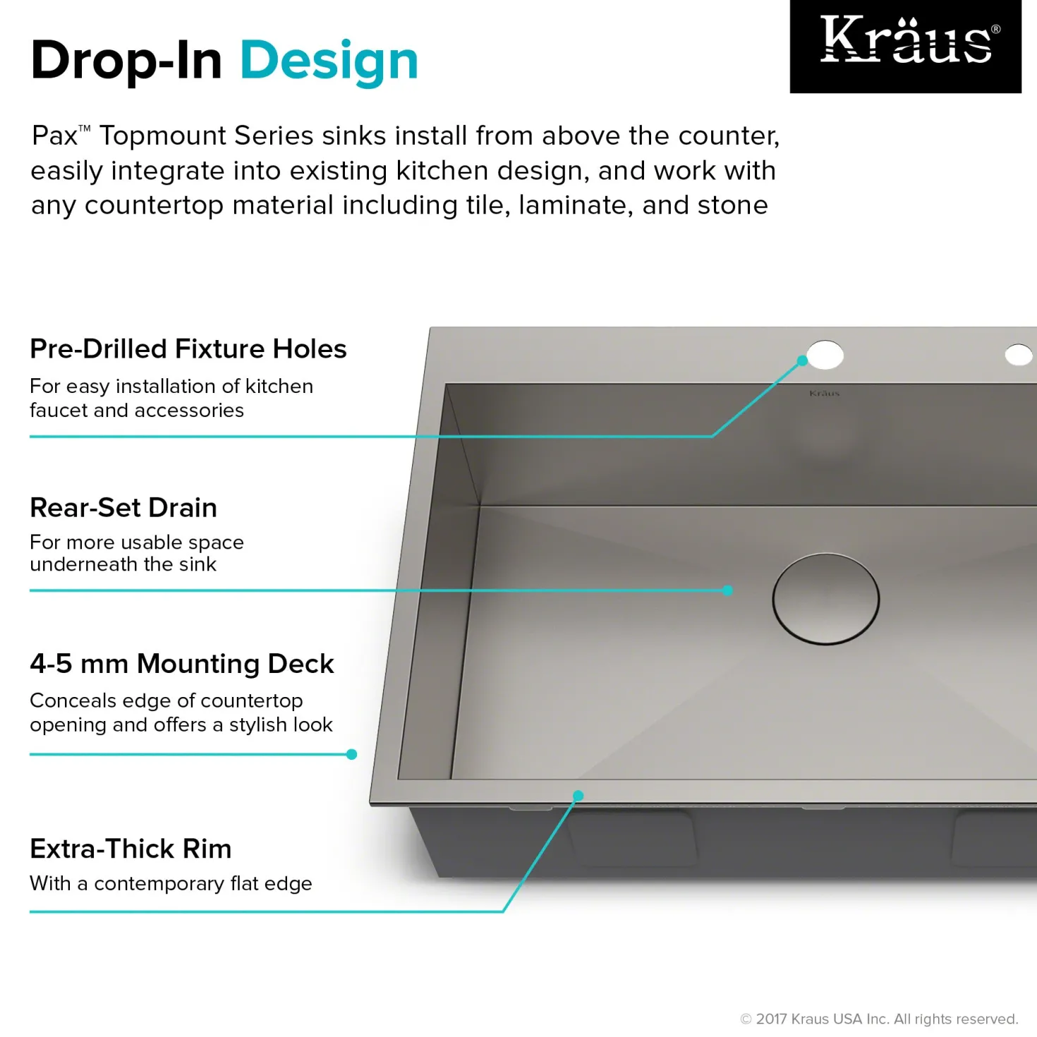 KRAUS Pax Zero-Radius 33" Handmade Topmount Single Bowl 16 Gauge Stainless Steel Drop-In Kitchen Sink with 2 Pre-Drilled Holes