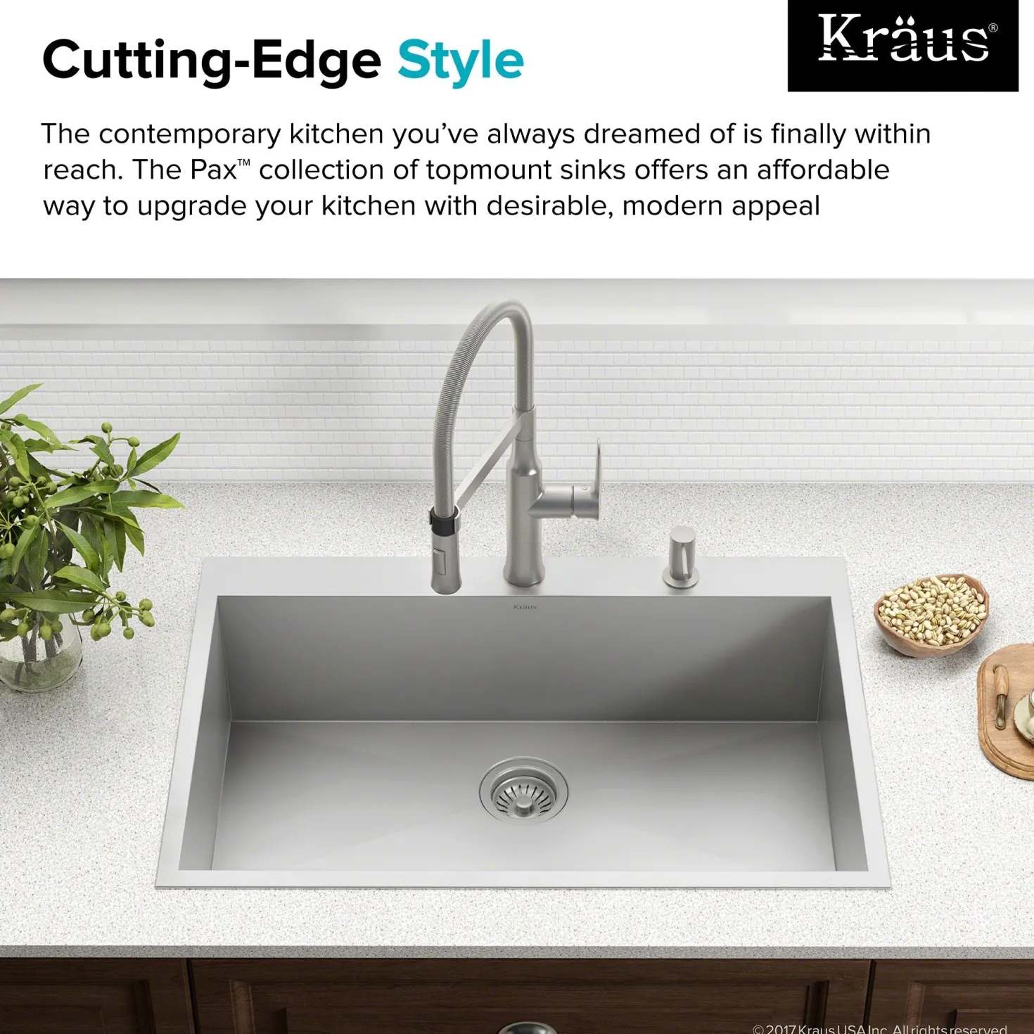 KRAUS Pax Zero-Radius 33" Handmade Topmount Single Bowl 16 Gauge Stainless Steel Drop-In Kitchen Sink with 2 Pre-Drilled Holes