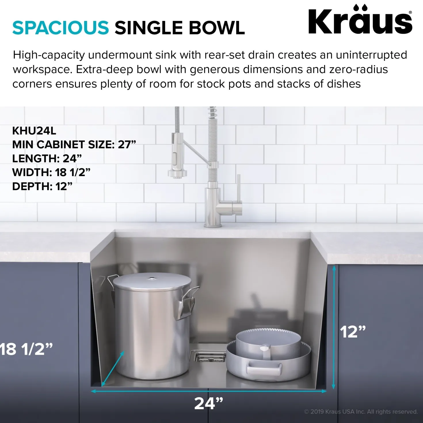 KRAUS Pax Zero-Radius 24" Undermount Single Bowl Stainless Steel Laundry Utility Sink