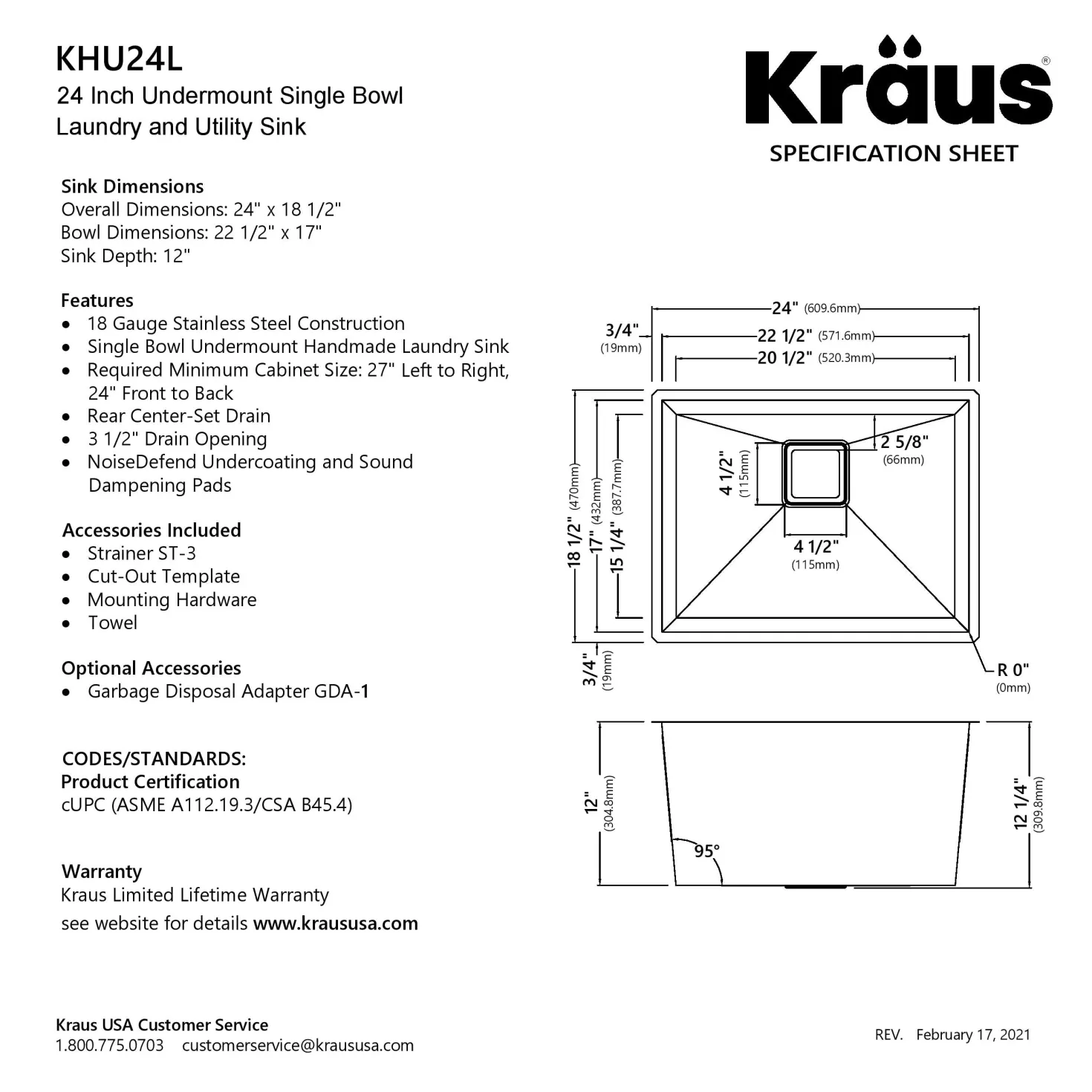 KRAUS Pax Zero-Radius 24" Undermount Single Bowl Stainless Steel Laundry Utility Sink