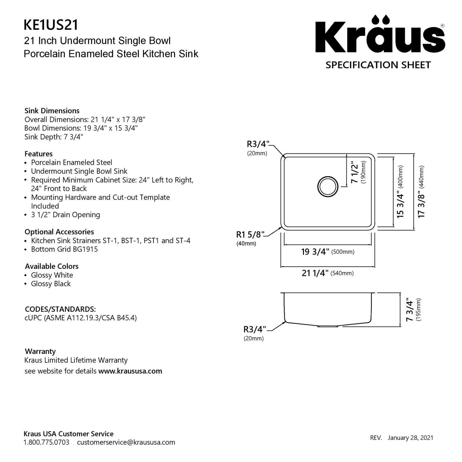 KRAUS Pintura 21" Undermount Enameled Single Bowl Kitchen Sink in White