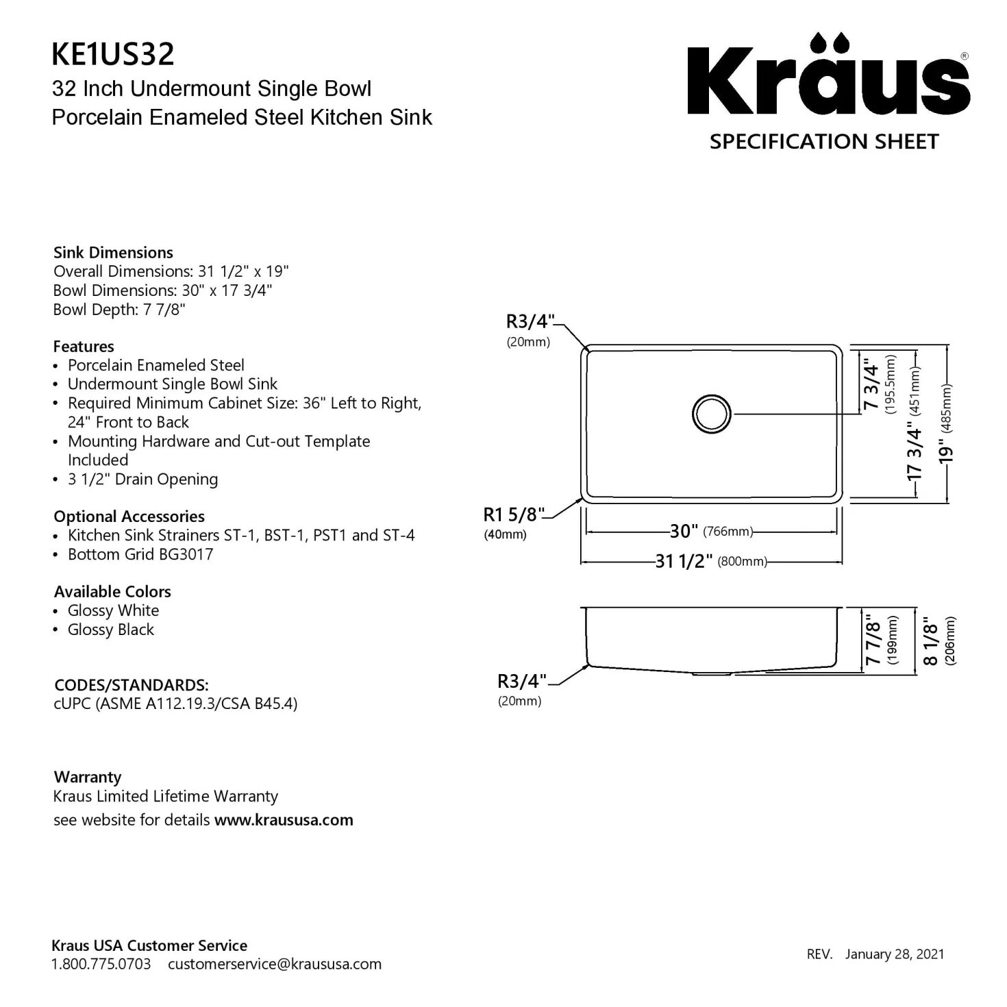 KRAUS Pintura 32" Undermount Porcelain Enameled Steel Kitchen Sink in White