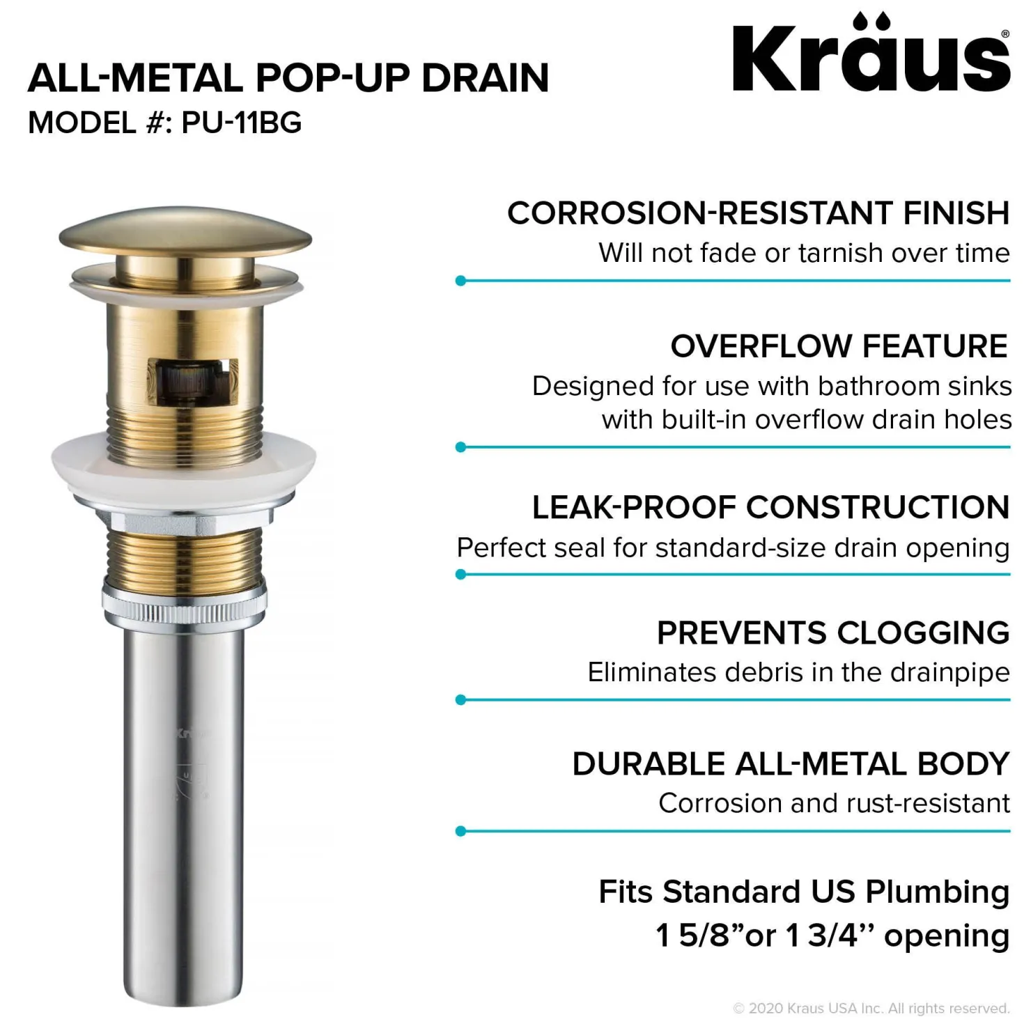 KRAUS Pop-Up Drain for Bathroom Sink in Brushed Gold