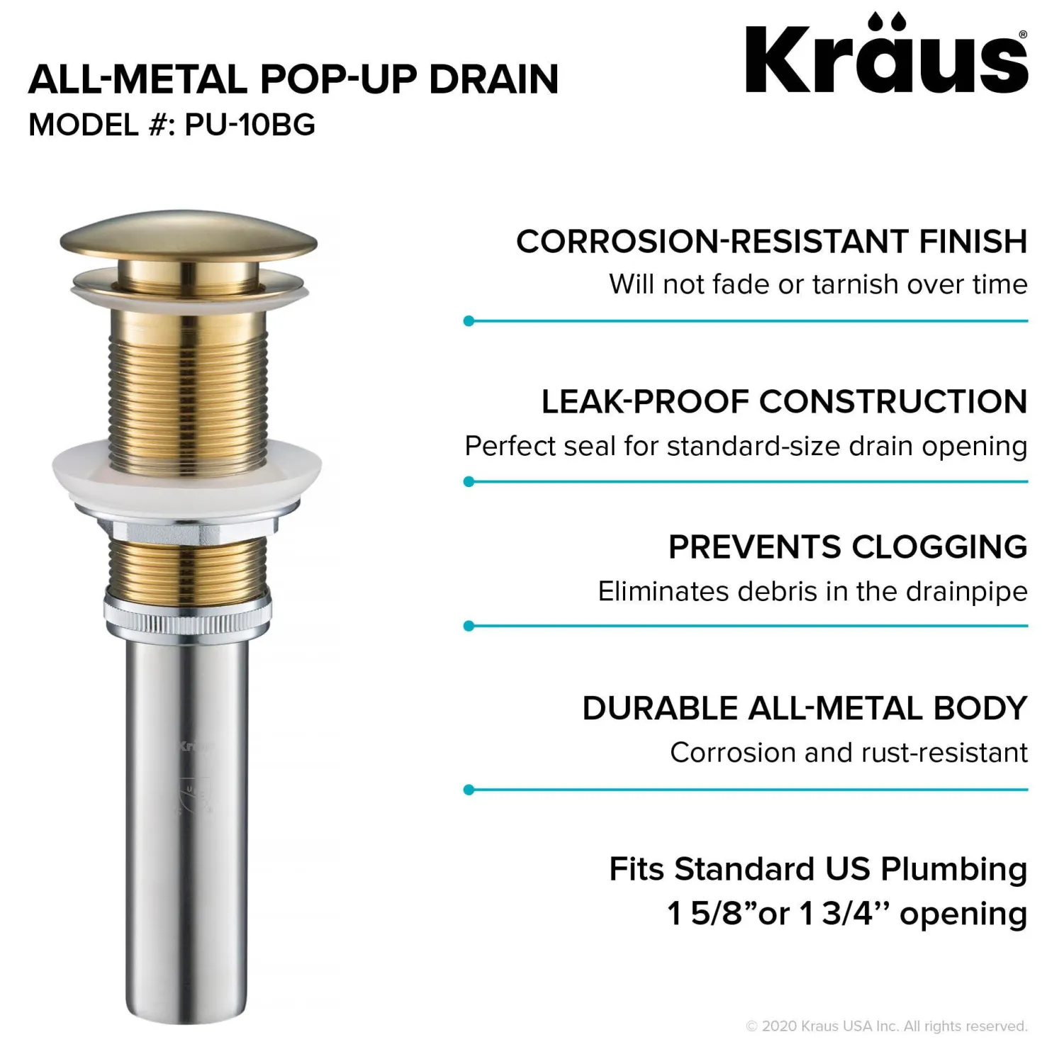 KRAUS Pop-Up Drain for Bathroom Sink in Brushed Gold