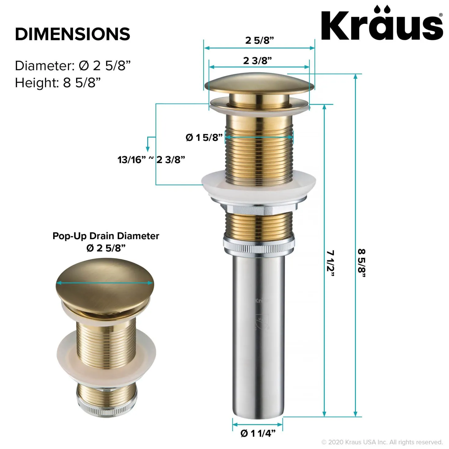 KRAUS Pop-Up Drain for Bathroom Sink in Brushed Gold