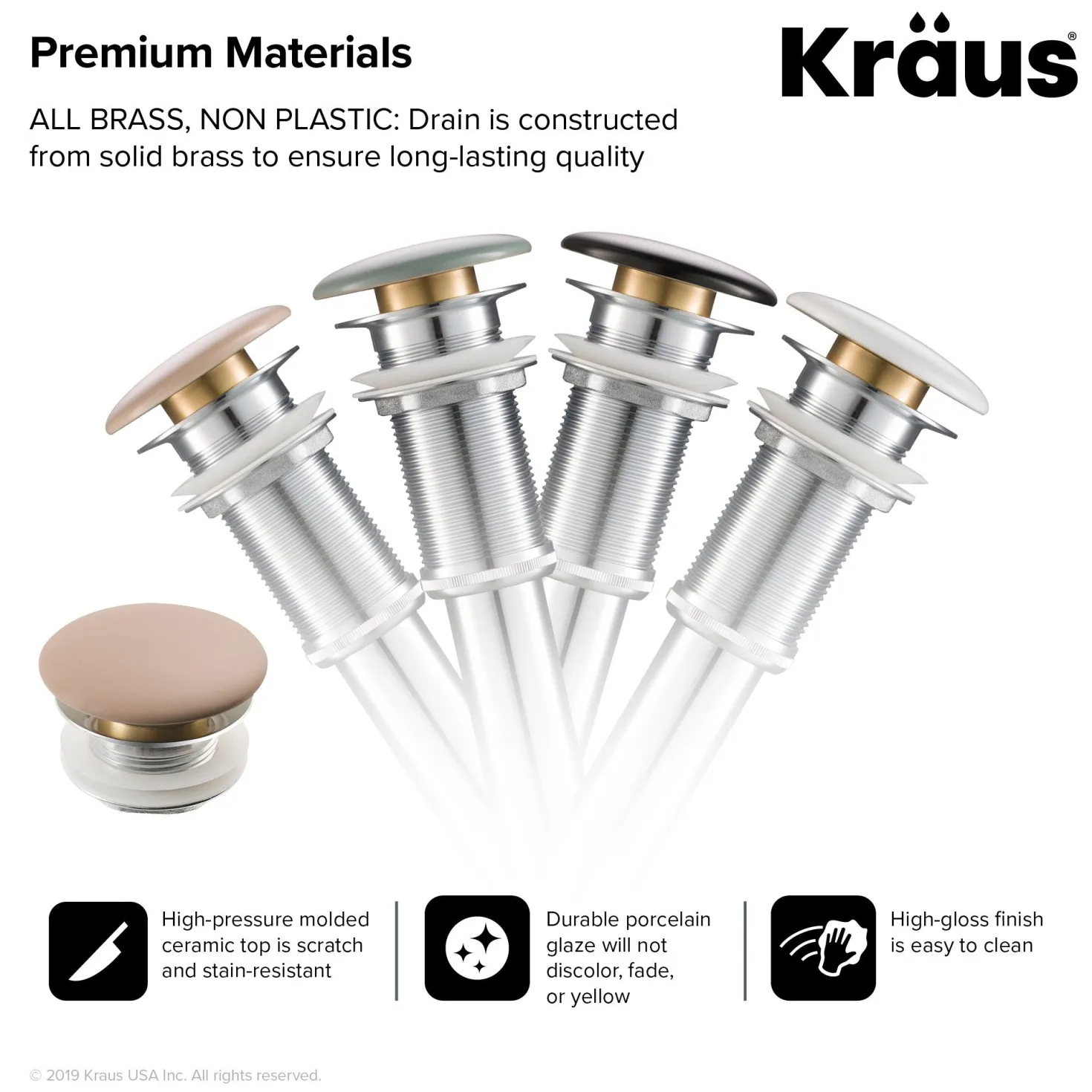 KRAUS Pop-Up Drain with Porcelain Ceramic Top for Bathroom Sink without Overflow, Gloss Beige