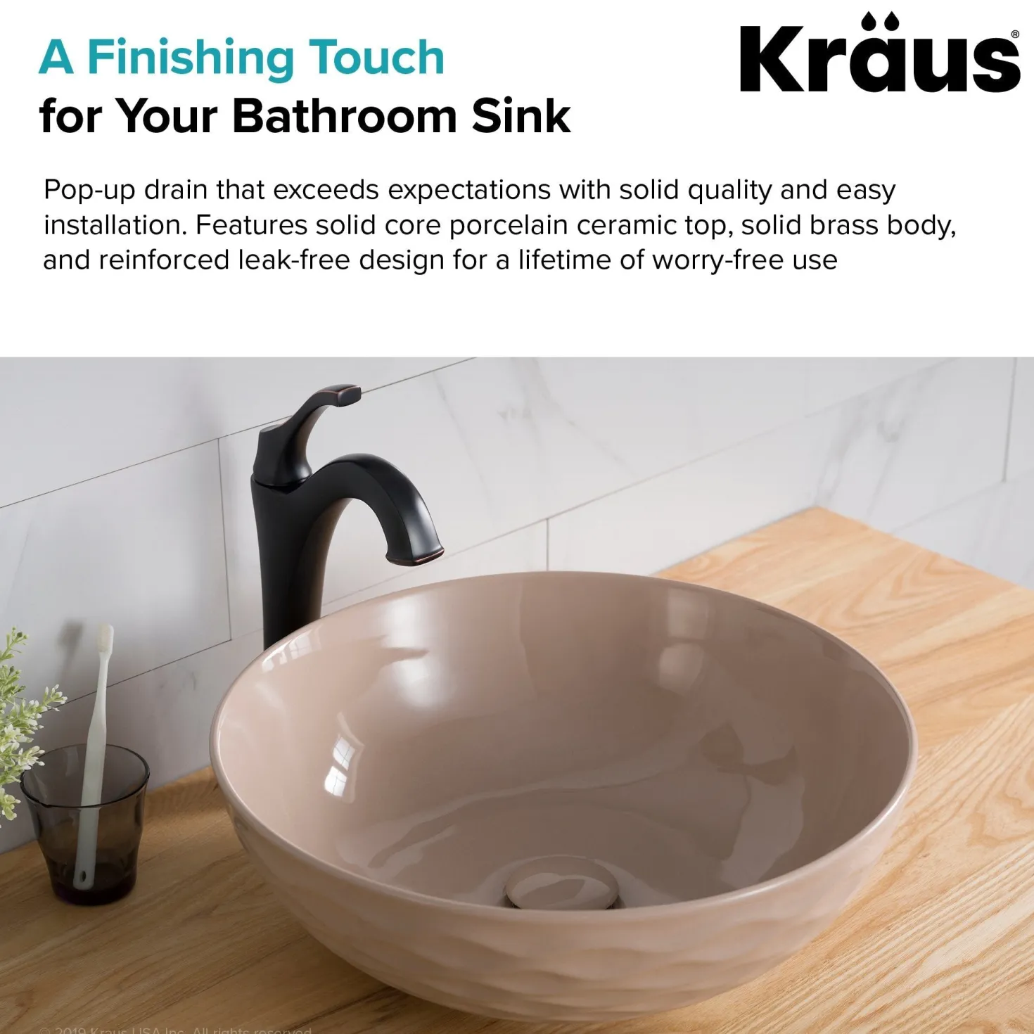KRAUS Pop-Up Drain with Porcelain Ceramic Top for Bathroom Sink without Overflow, Gloss Beige