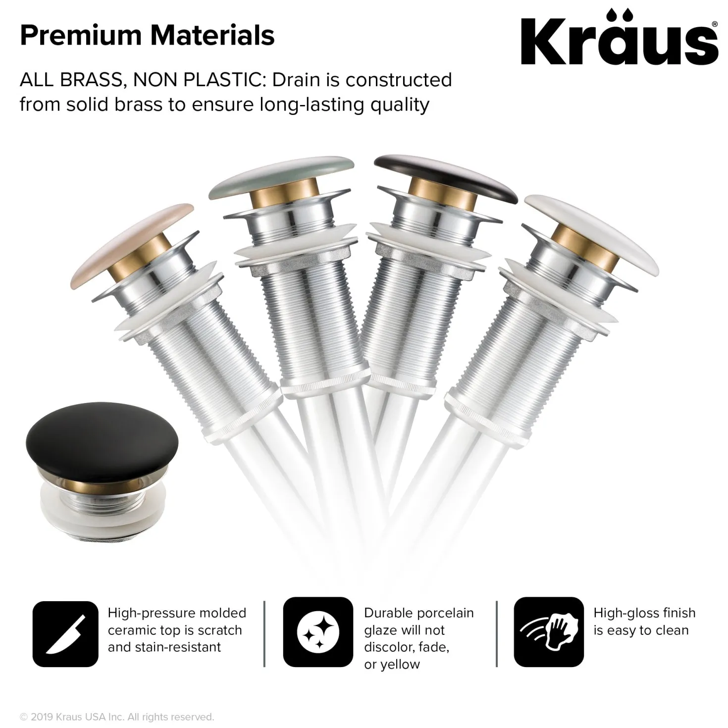 KRAUS Pop-Up Drain with Porcelain Ceramic Top for Bathroom Sink without Overflow, Gloss Beige
