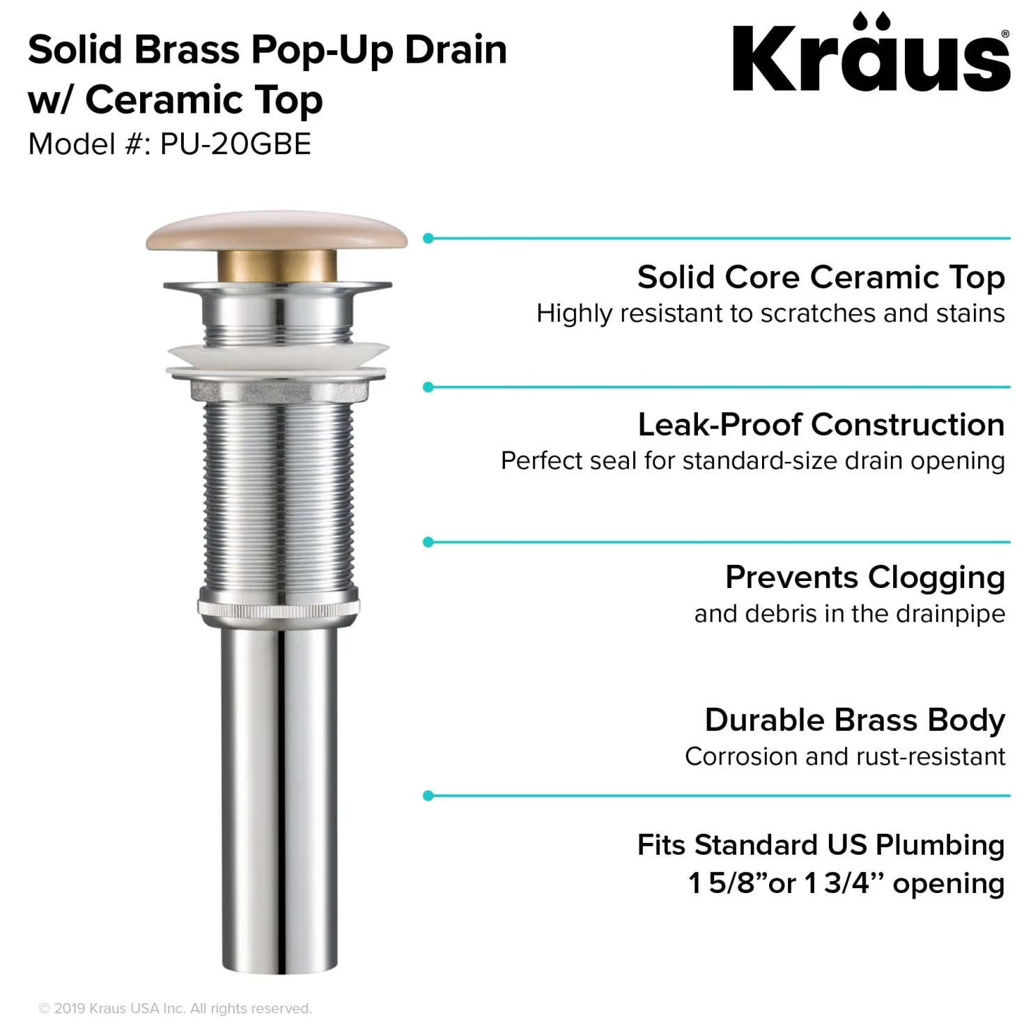 KRAUS Pop-Up Drain with Porcelain Ceramic Top for Bathroom Sink without Overflow, Gloss Beige