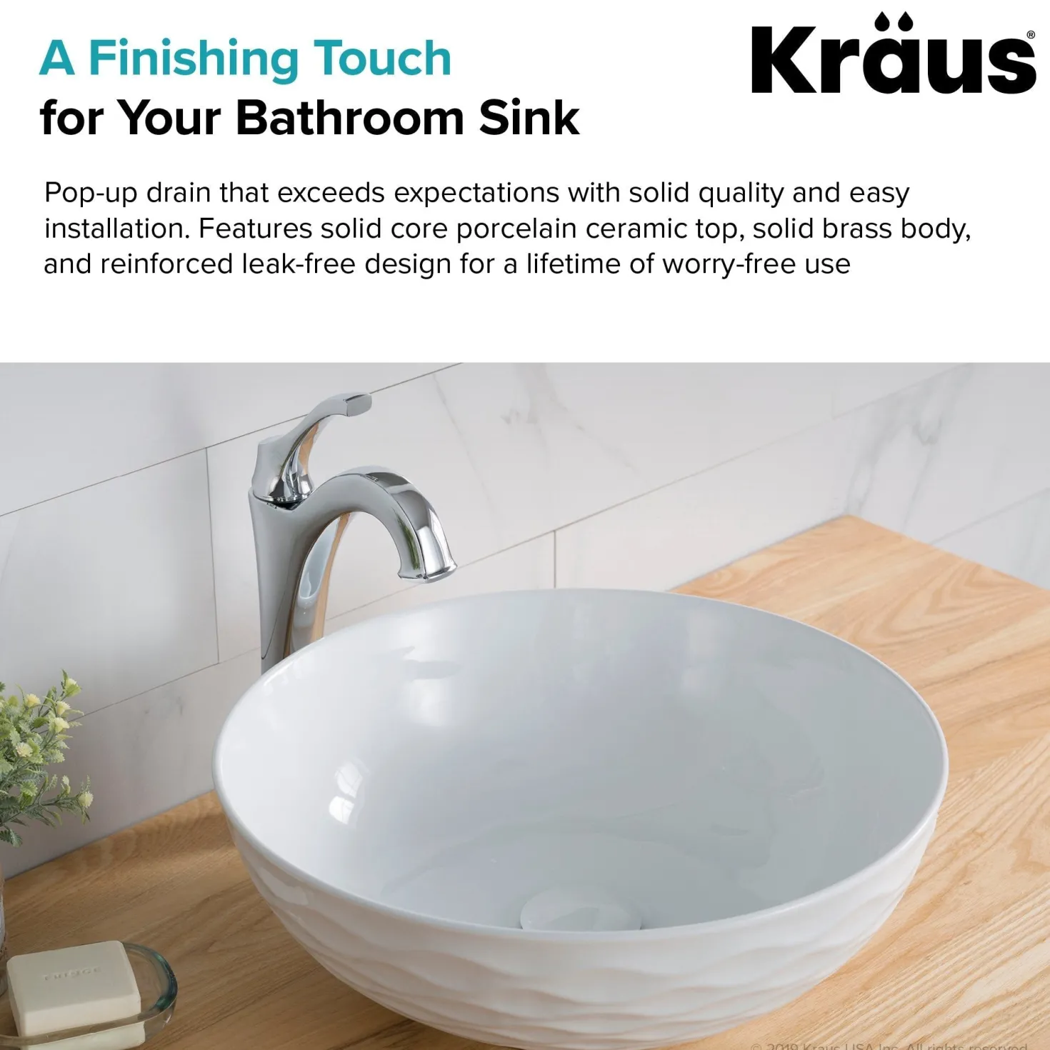 KRAUS Pop-Up Drain with Porcelain Ceramic Top for Bathroom Sink without Overflow, Gloss Black