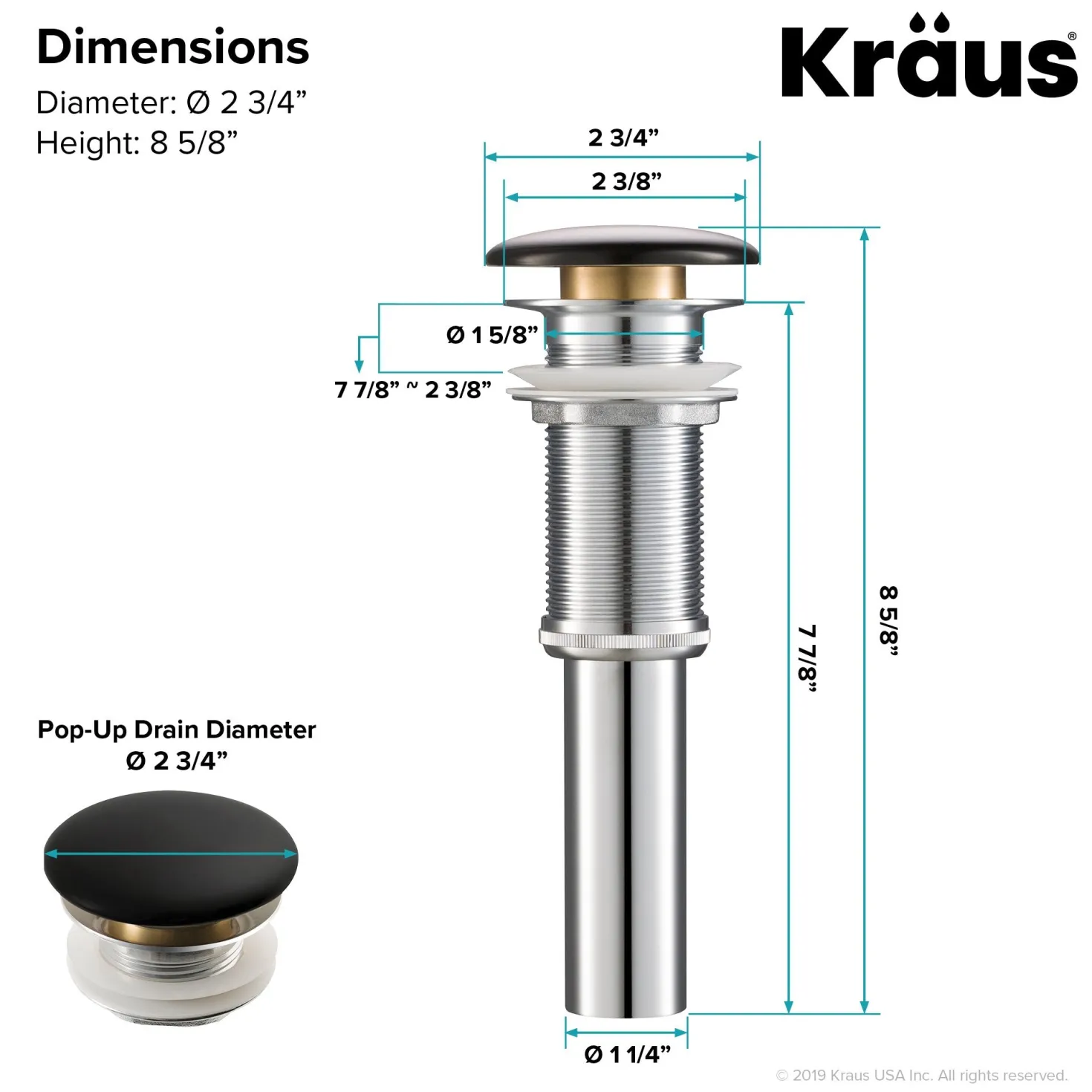 KRAUS Pop-Up Drain with Porcelain Ceramic Top for Bathroom Sink without Overflow, Gloss Black