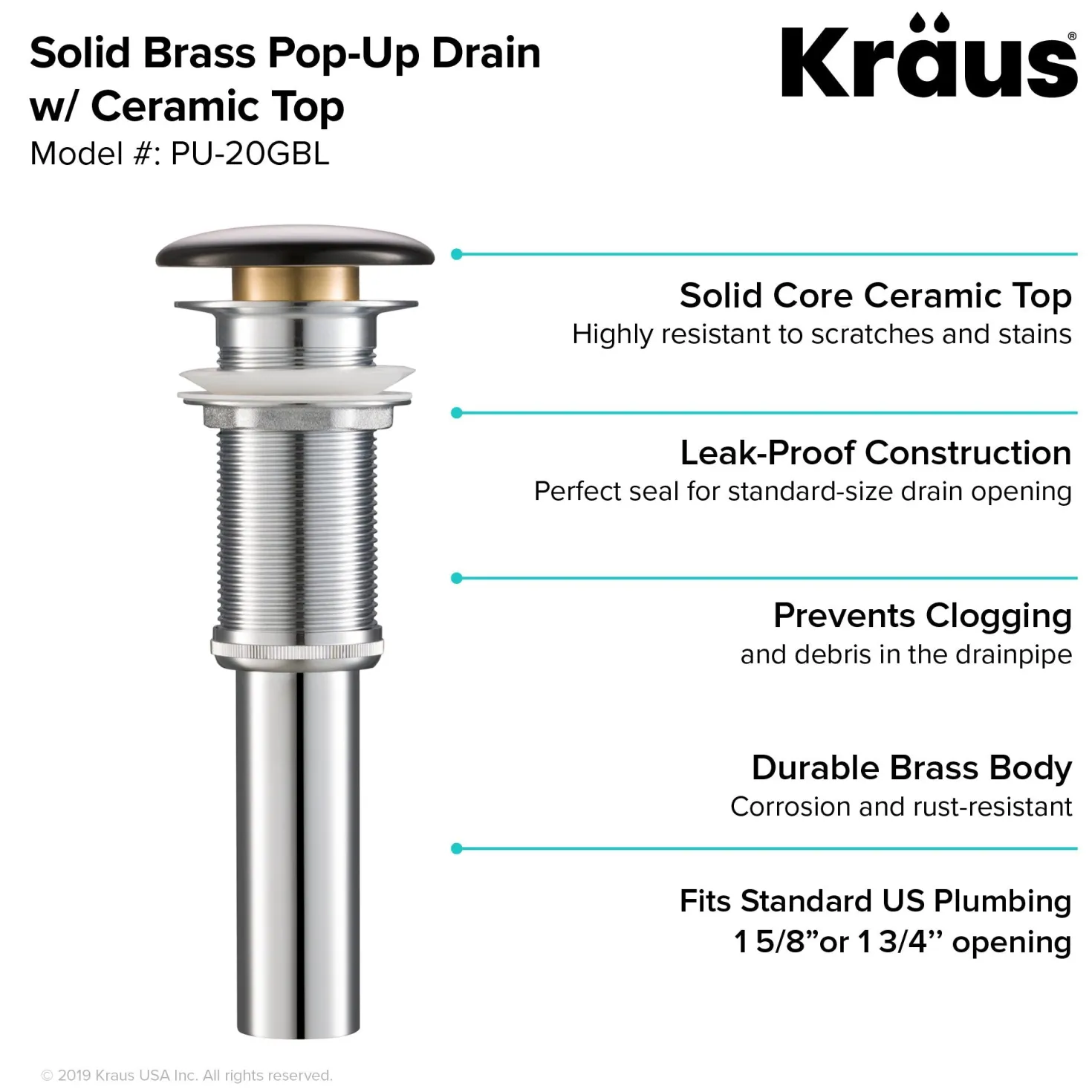 KRAUS Pop-Up Drain with Porcelain Ceramic Top for Bathroom Sink without Overflow, Gloss Black
