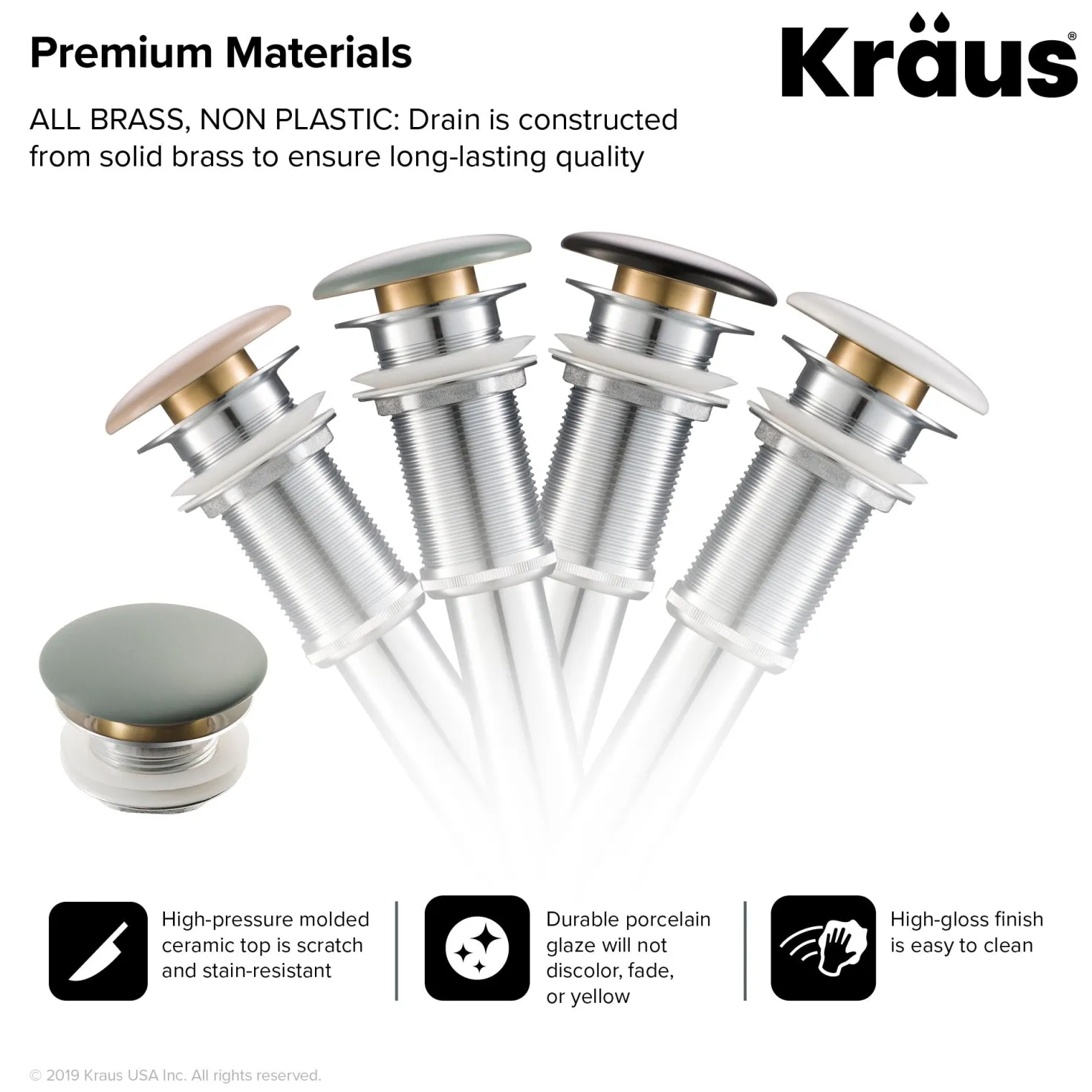 KRAUS Pop-Up Drain with Porcelain Ceramic Top for Bathroom Sink without Overflow, Gloss Grey