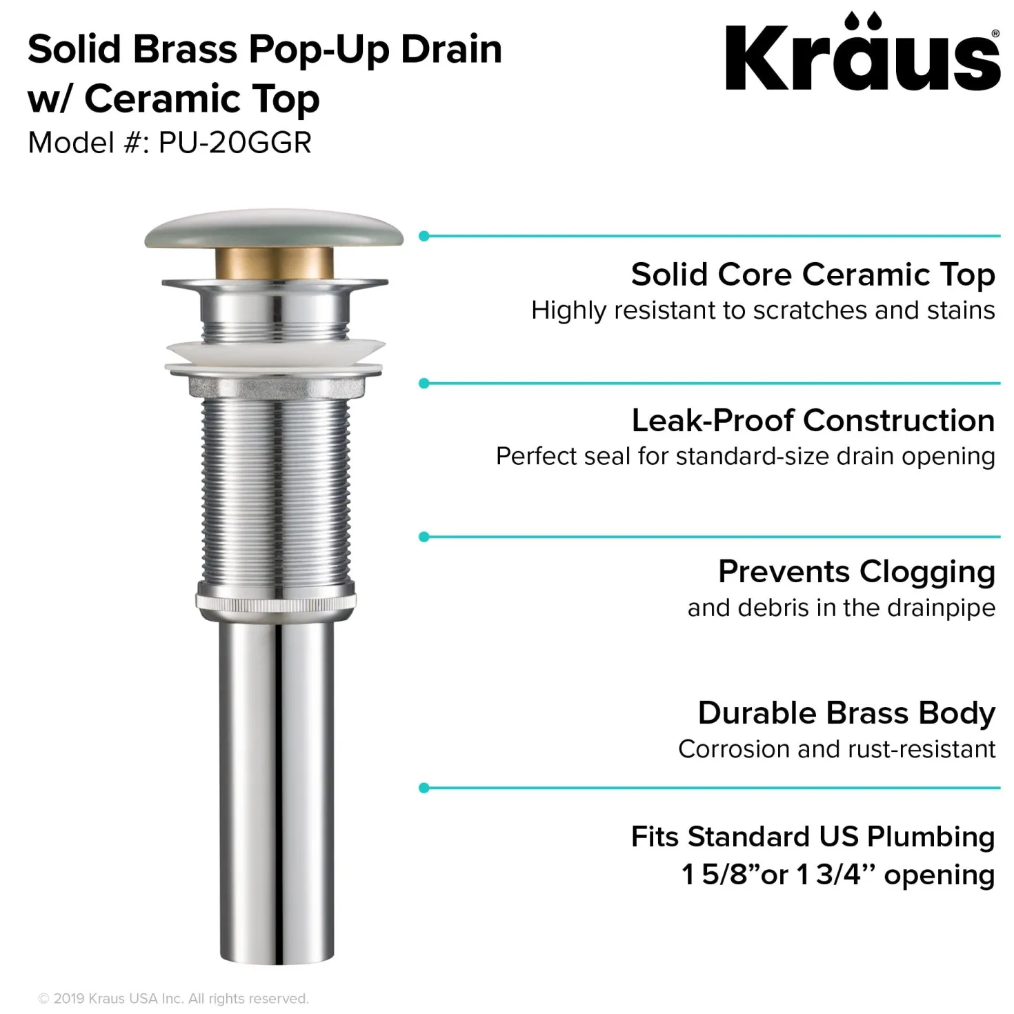 KRAUS Pop-Up Drain with Porcelain Ceramic Top for Bathroom Sink without Overflow, Gloss White