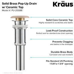 KRAUS Pop-Up Drain with Porcelain Ceramic Top for Bathroom Sink without Overflow, Gloss White
