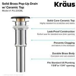KRAUS Pop-Up Drain with Porcelain Ceramic Top for Bathroom Sink without Overflow, Gloss White