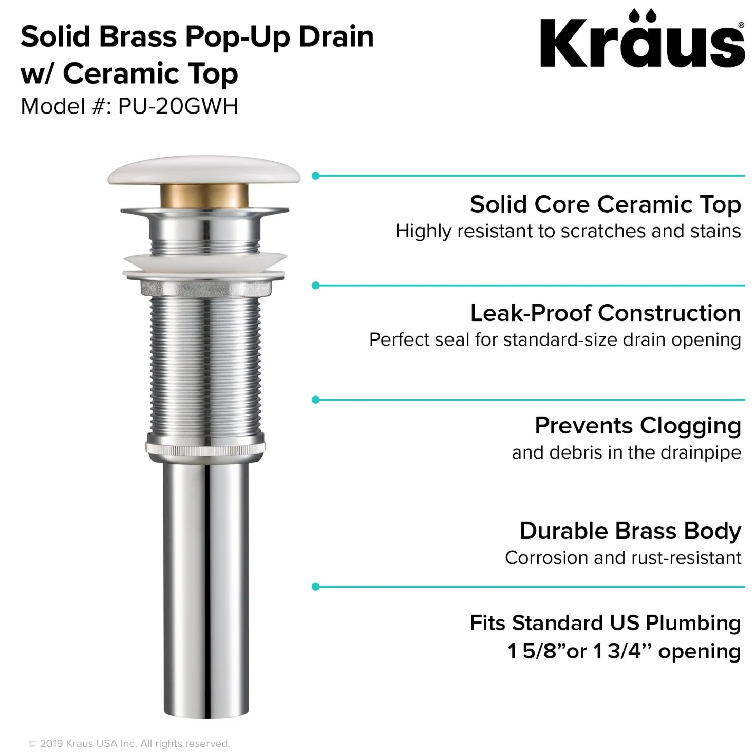 KRAUS Pop-Up Drain with Porcelain Ceramic Top for Bathroom Sink without Overflow, Gloss White