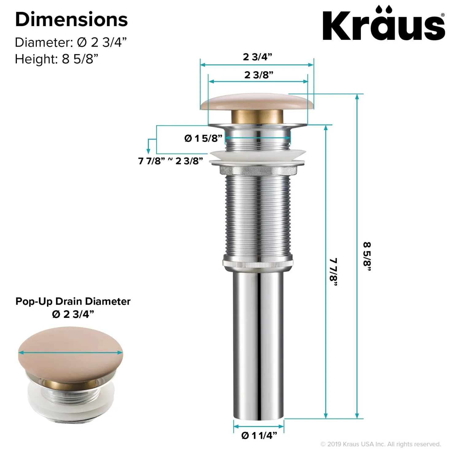 KRAUS Pop-Up Drain with Porcelain Ceramic Top for Bathroom Sink without Overflow, Gloss White