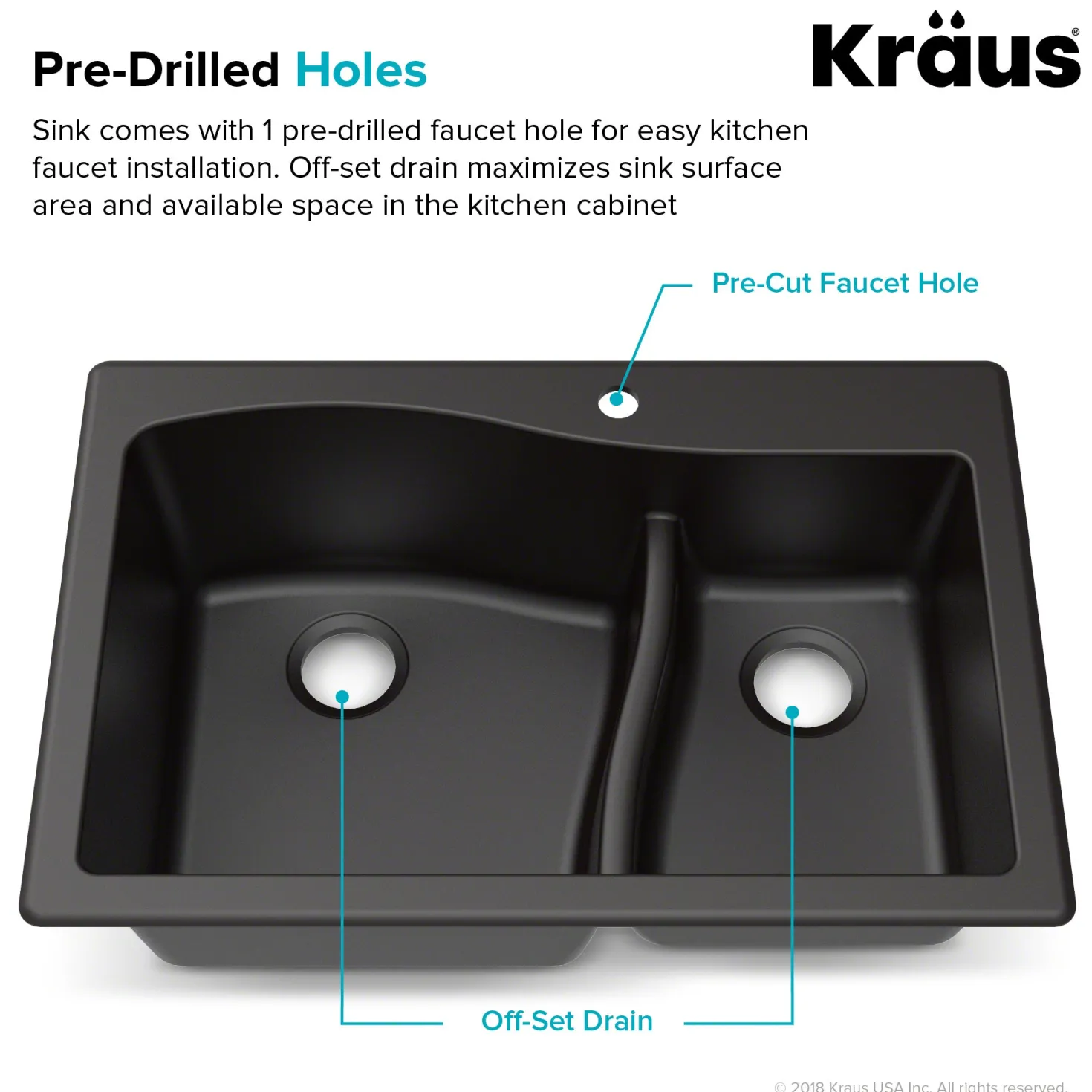 KRAUS Quarza 33" Black Dual Mount 60/40 Double Bowl Granite Kitchen Sink