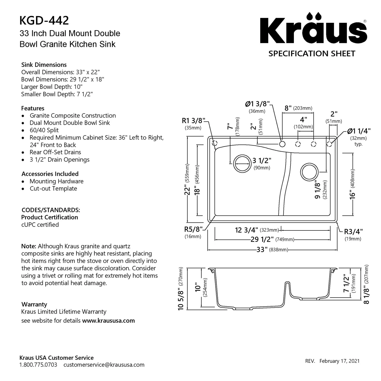 KRAUS Quarza 33" Black Dual Mount 60/40 Double Bowl Granite Kitchen Sink