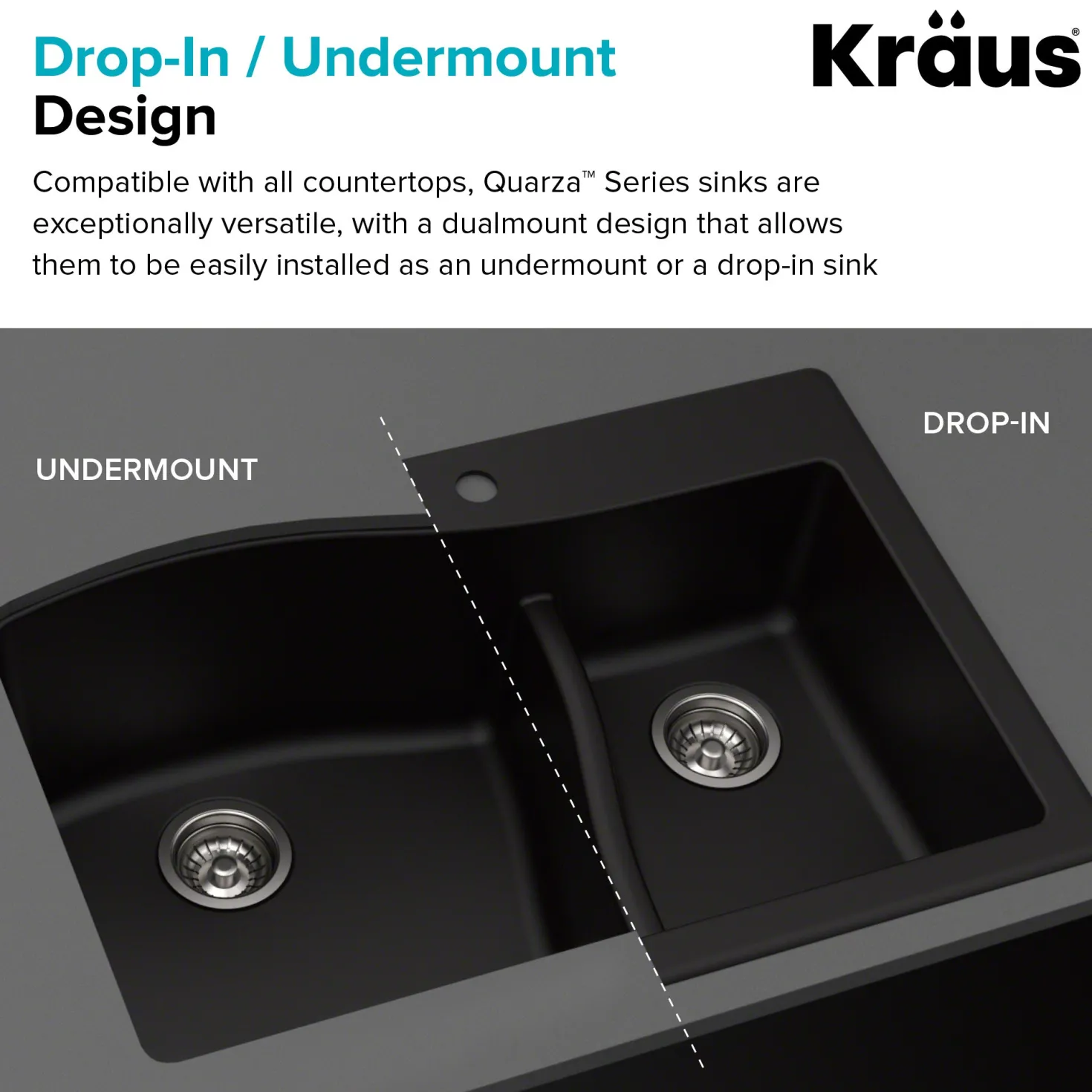 KRAUS Quarza 33" Black Dual Mount 60/40 Double Bowl Granite Kitchen Sink