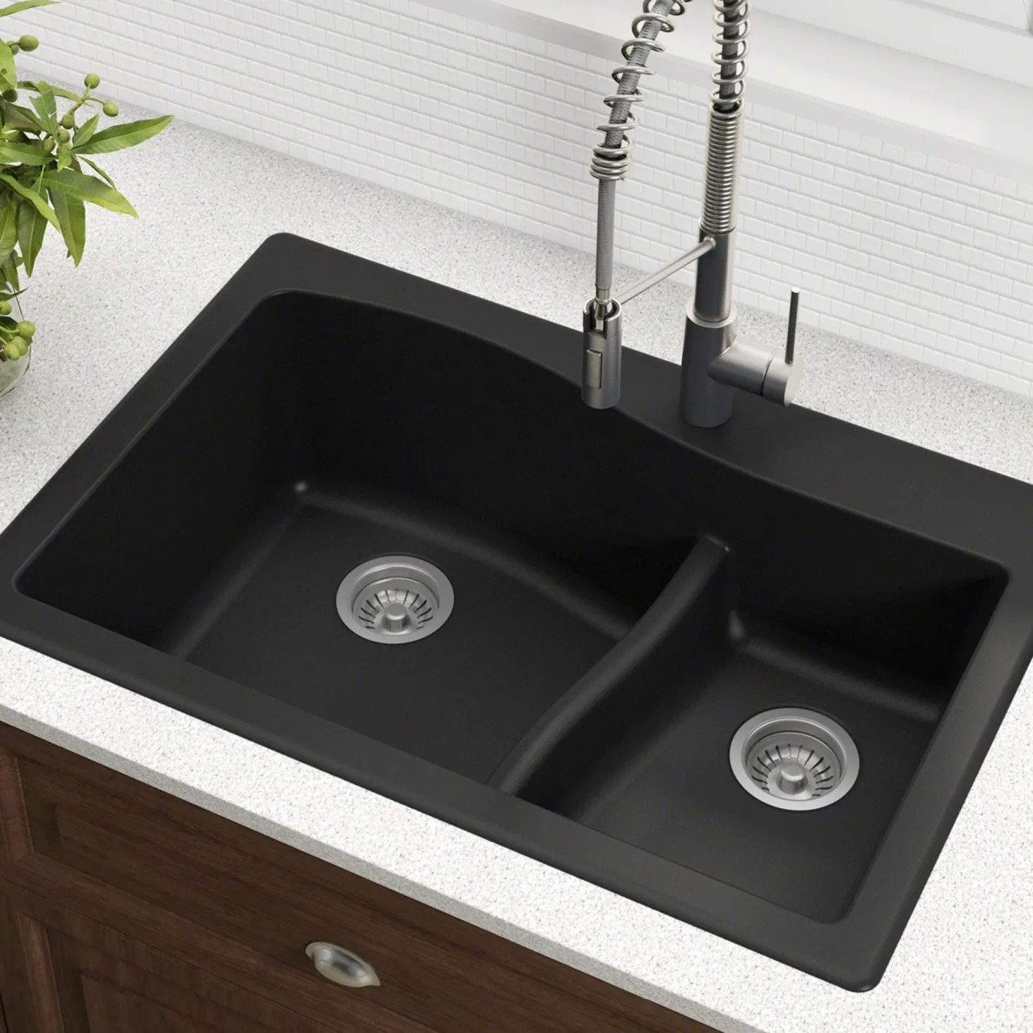 KRAUS Quarza 33" Black Dual Mount 60/40 Double Bowl Granite Kitchen Sink