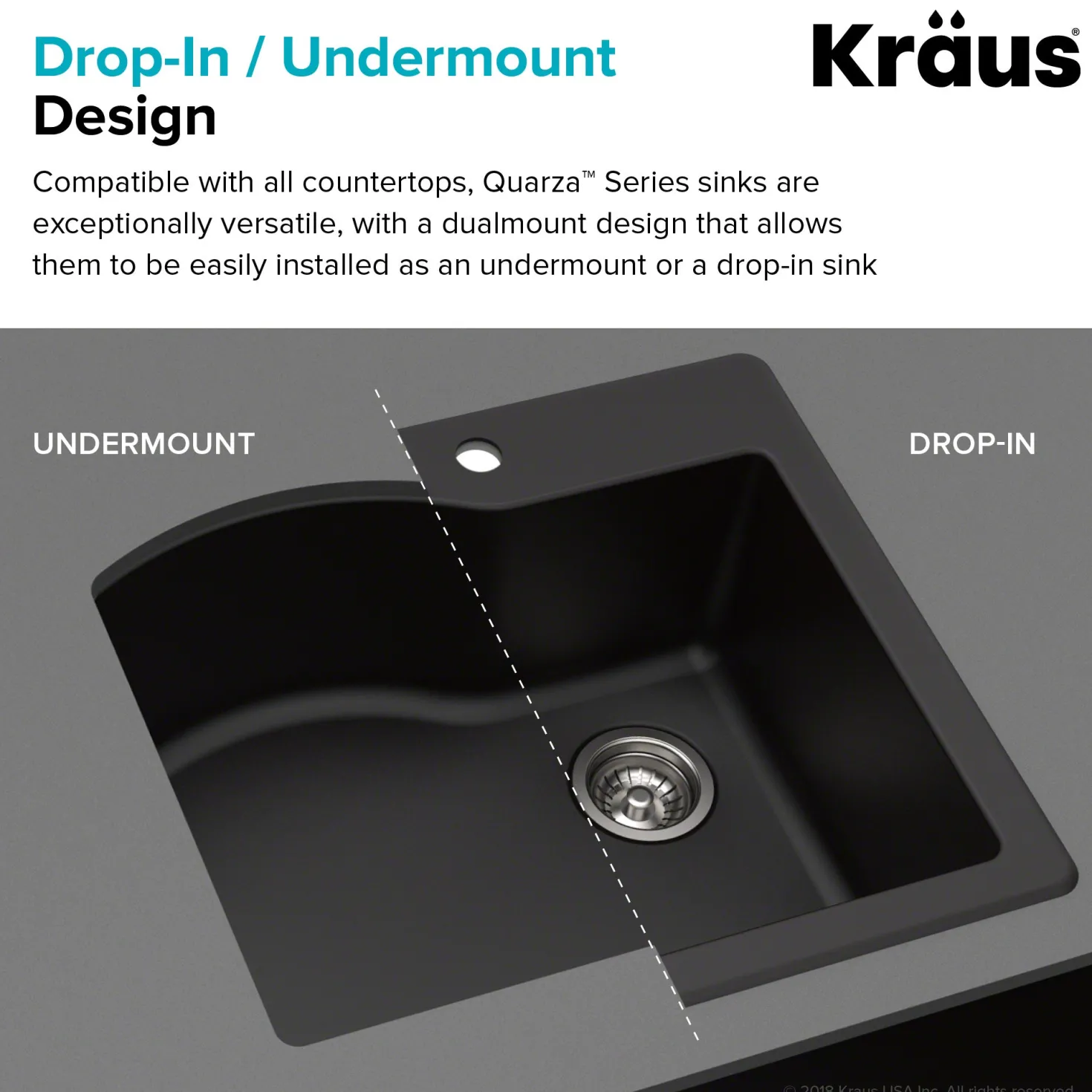 KRAUS Quarza 25" Dual Mount Single Bowl Granite Kitchen Sink in Grey