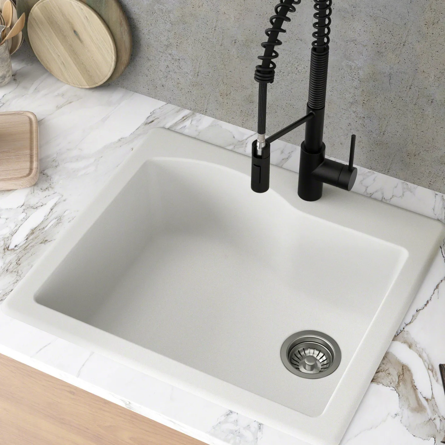 KRAUS Quarza 25" Dual Mount Single Bowl Granite Kitchen Sink in White